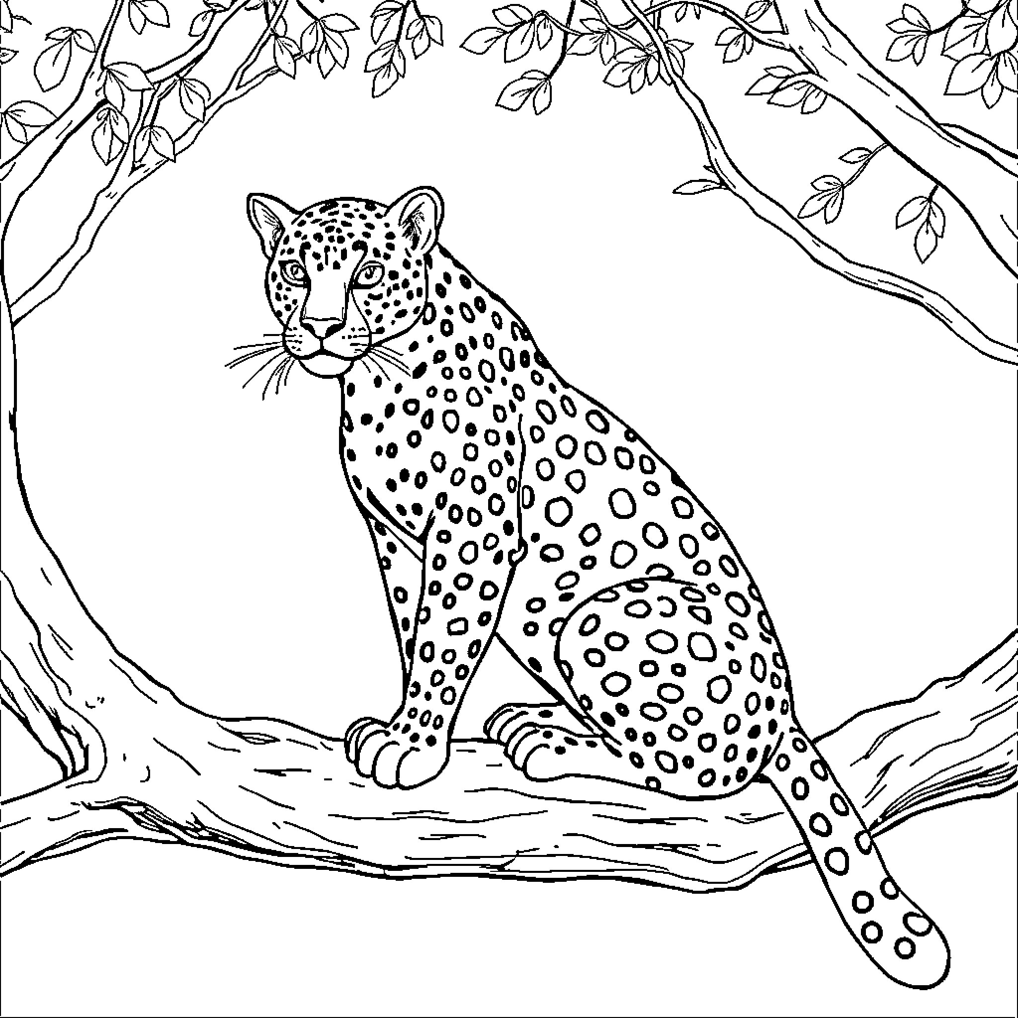 Leopard observing its surroundings in the wild Coloring Page (free black-and-white line drawing printable PDF for all, from beginners to advanced learners, including children, teens, adults, and seniors)