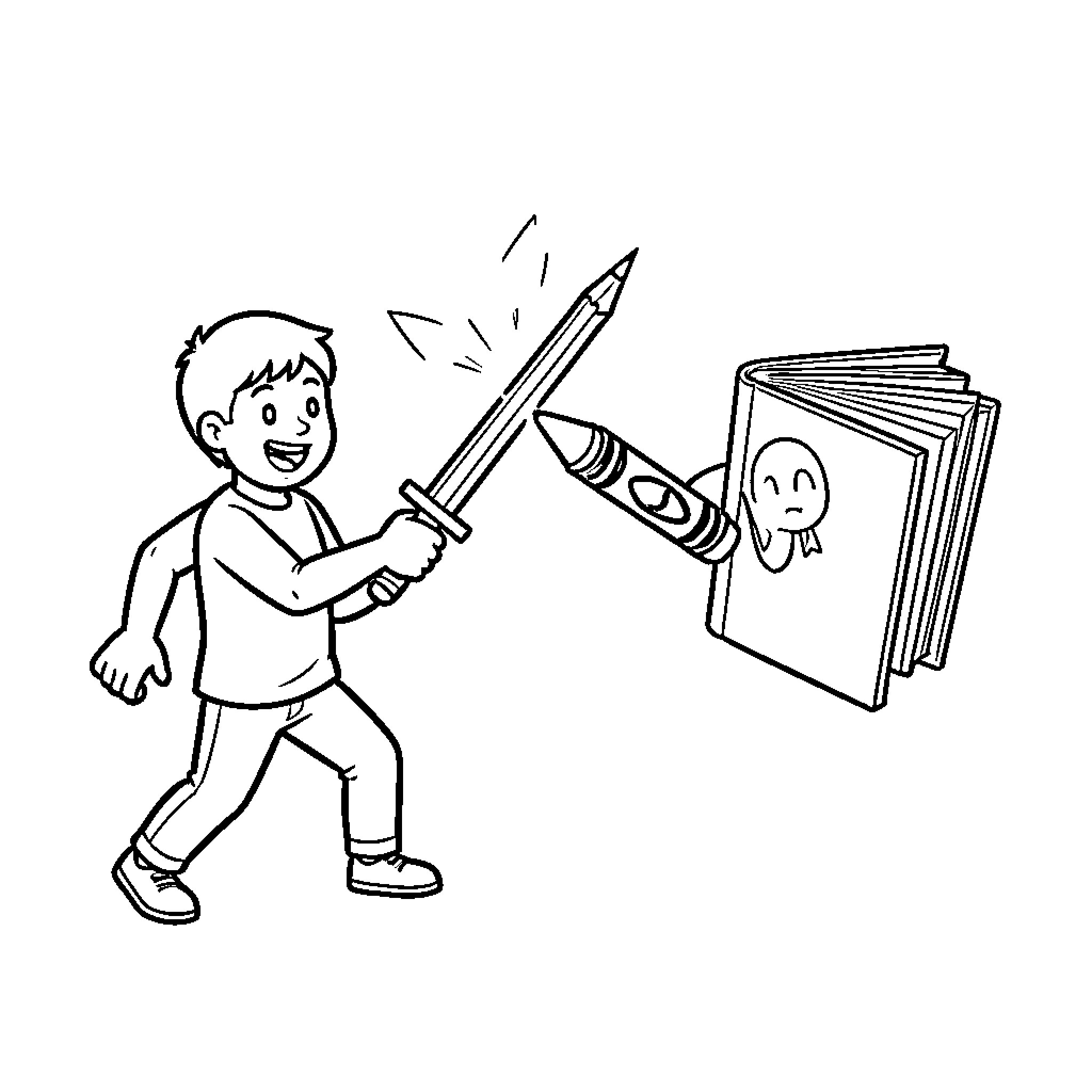 Eraser boy fighting a book with a sword Coloring Page (free black-and-white line drawing printable PDF for all, from beginners to advanced learners, including children, teens, adults, and seniors)
