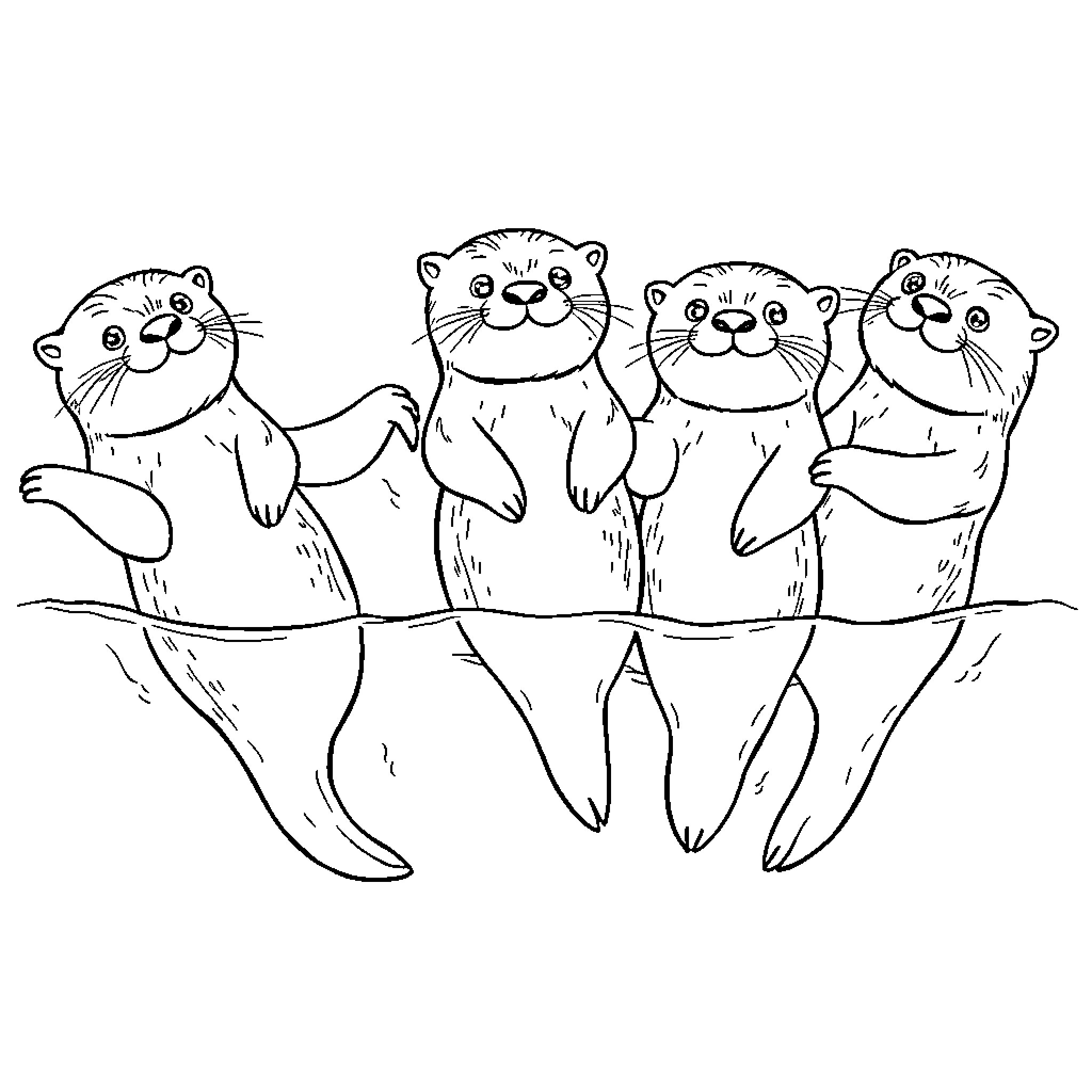 Otter friends playing together in the water Coloring Page (free black-and-white line drawing printable PDF for all, from beginners to advanced learners, including children, teens, adults, and seniors)