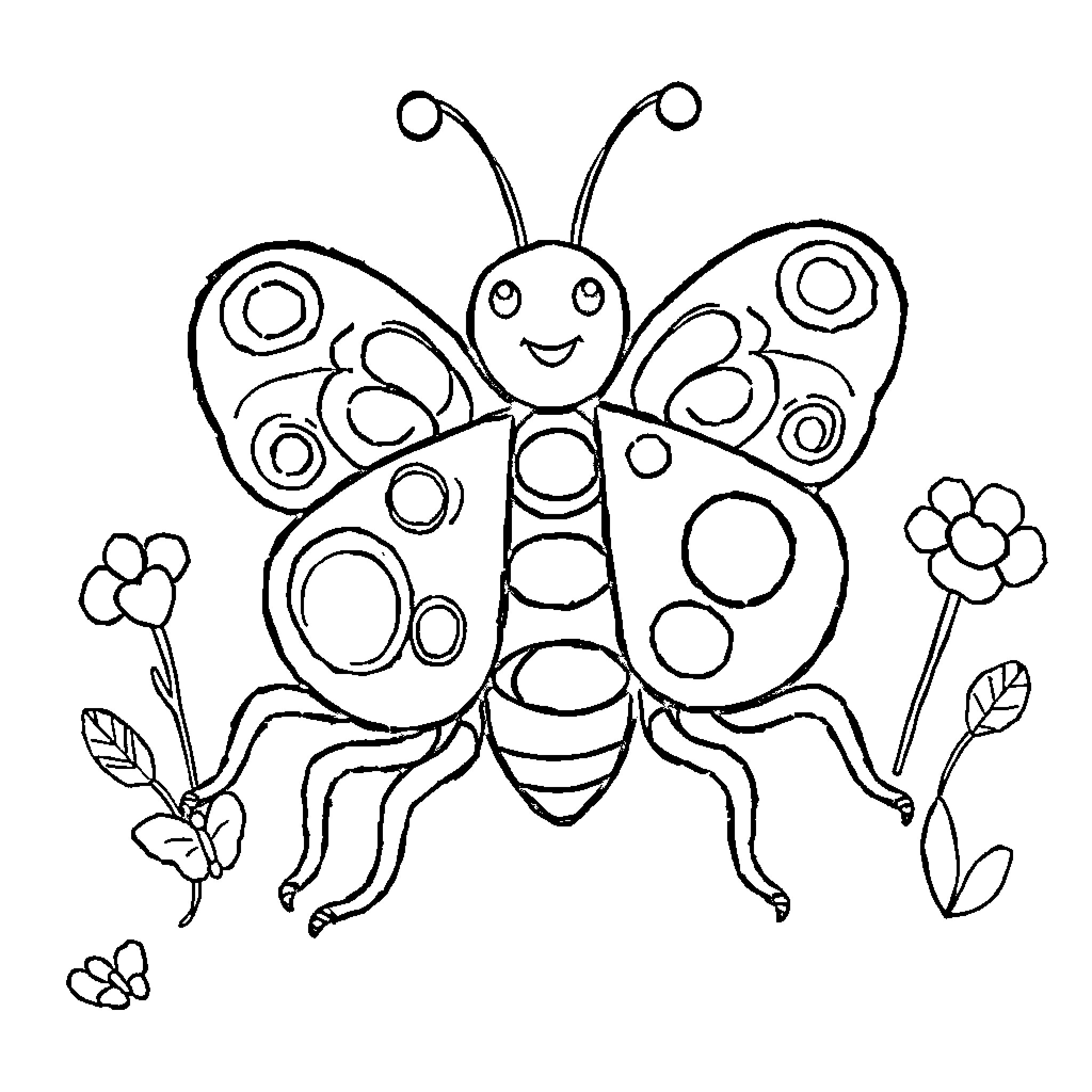 Bug enjoying a colorful day in the garden Coloring Page (free black-and-white line drawing printable PDF for all, from beginners to advanced learners, including children, teens, adults, and seniors)
