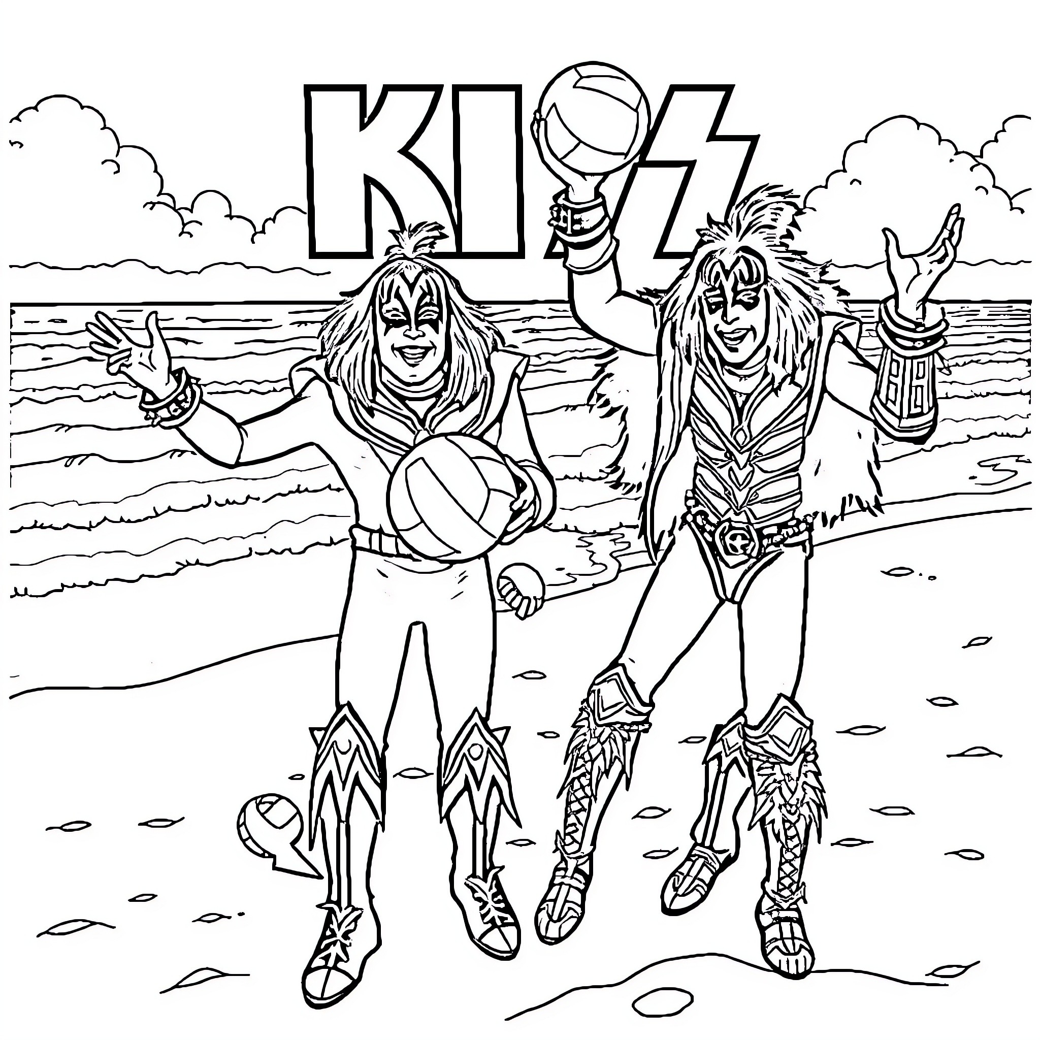 Band of rock musicians in dramatic outfits Coloring Page (free black-and-white line drawing printable PDF for all, from beginners to advanced learners, including children, teens, adults, and seniors)