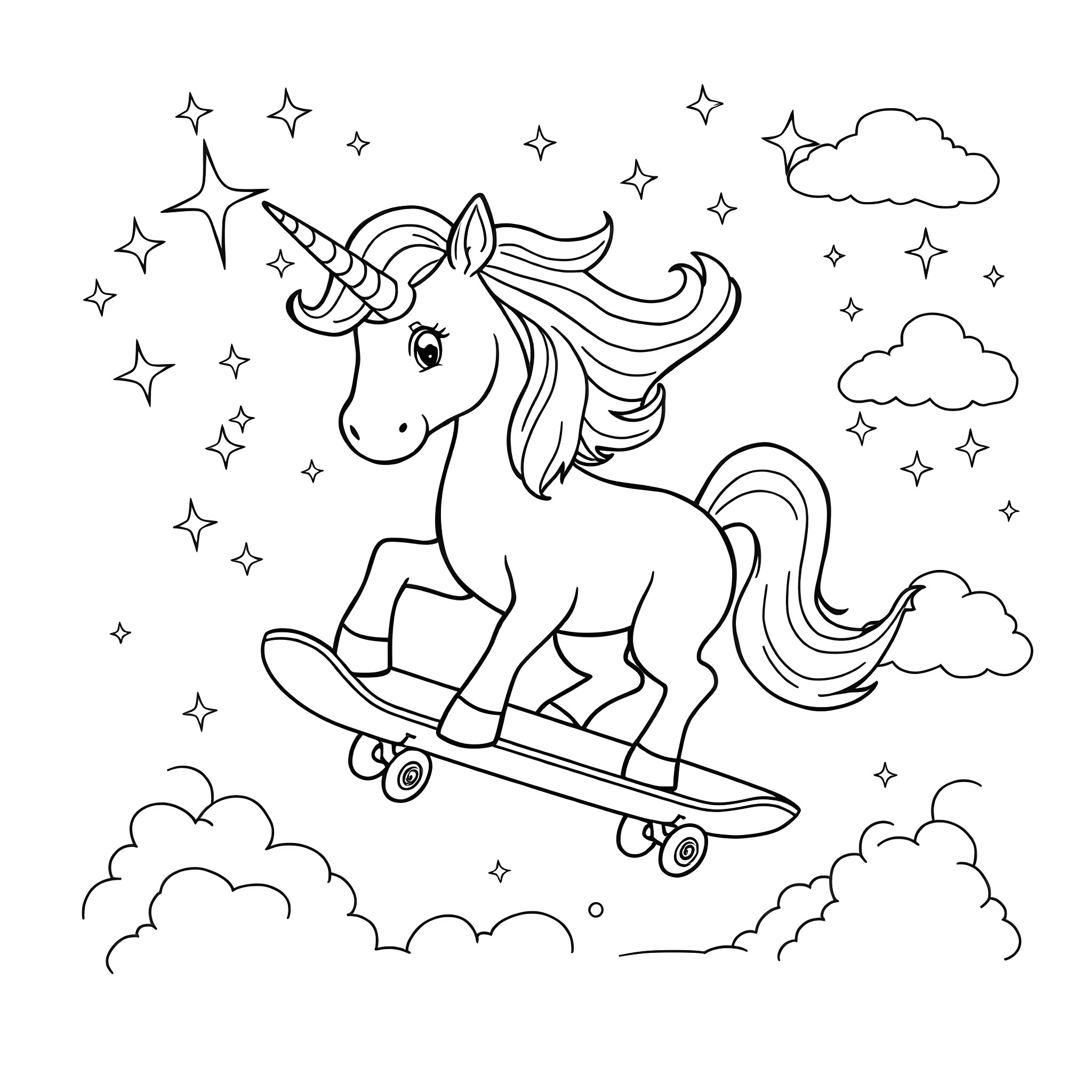 Unicorn Riding a Skateboard in the Starry Night Sky Coloring Page (free black-and-white line drawing printable PDF for all, from beginners to advanced learners, including children, teens, adults, and seniors)