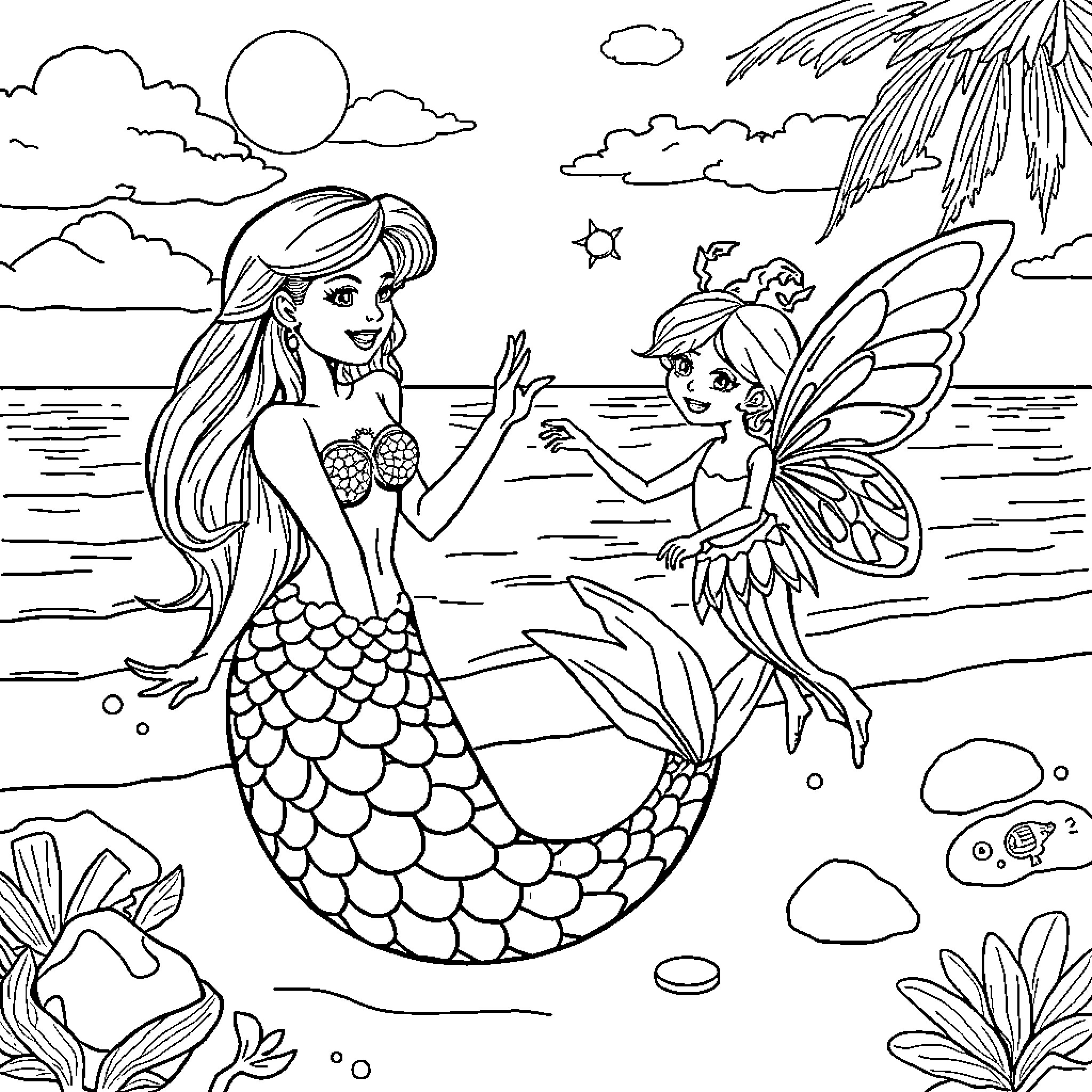 Mermaid and Fairy Playing by the Tropical Beach Coloring Page (free black-and-white line drawing printable PDF for all, from beginners to advanced learners, including children, teens, adults, and seniors)