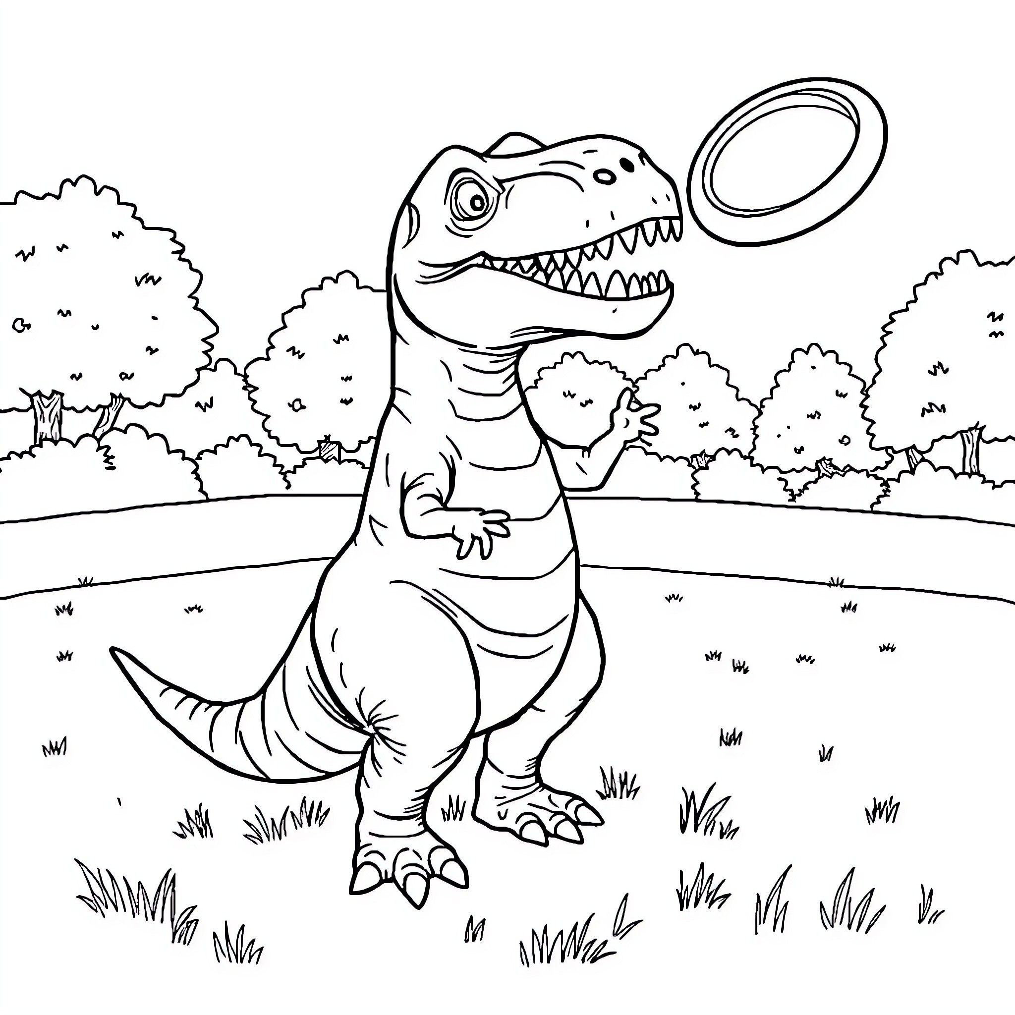 T-Rex playing with a frisbee in the park Coloring Page (free black-and-white line drawing printable PDF for all, from beginners to advanced learners, including children, teens, adults, and seniors)