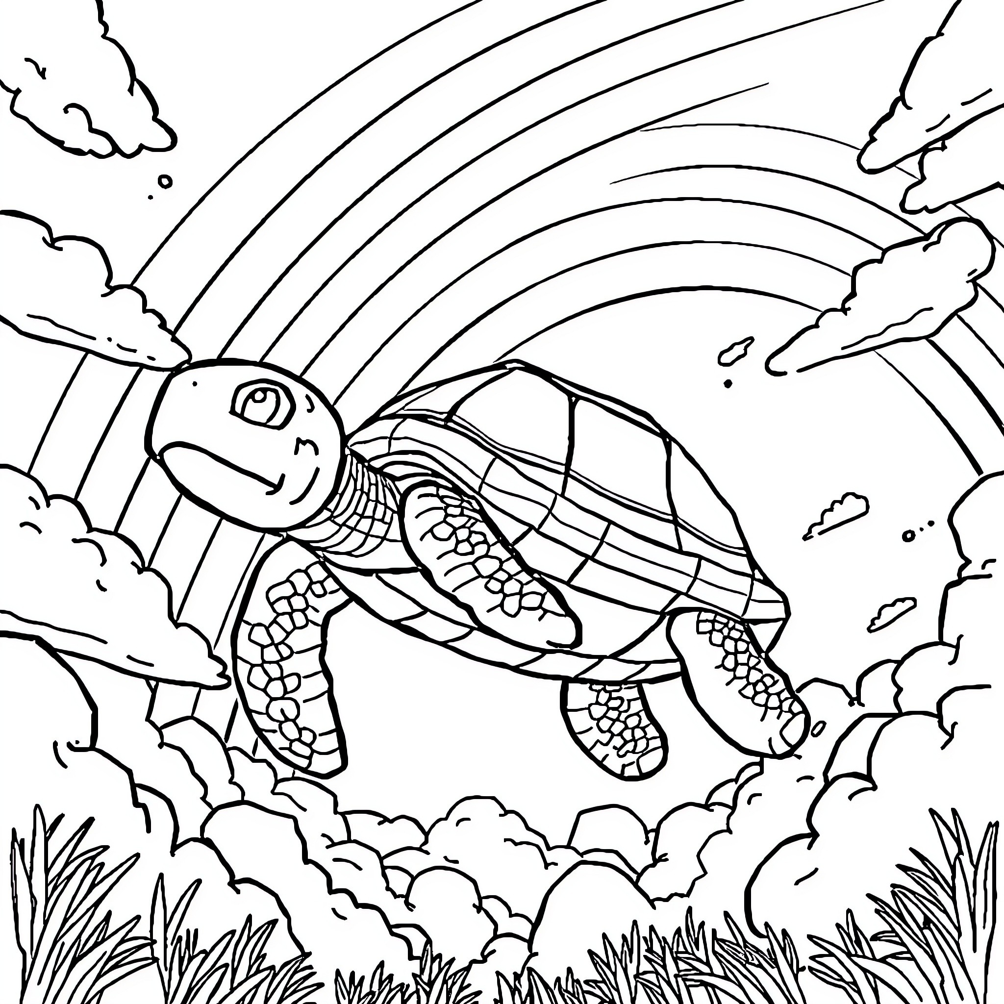 Turtle exploring the rainbow-filled sky Coloring Page (free black-and-white line drawing printable PDF for all, from beginners to advanced learners, including children, teens, adults, and seniors)