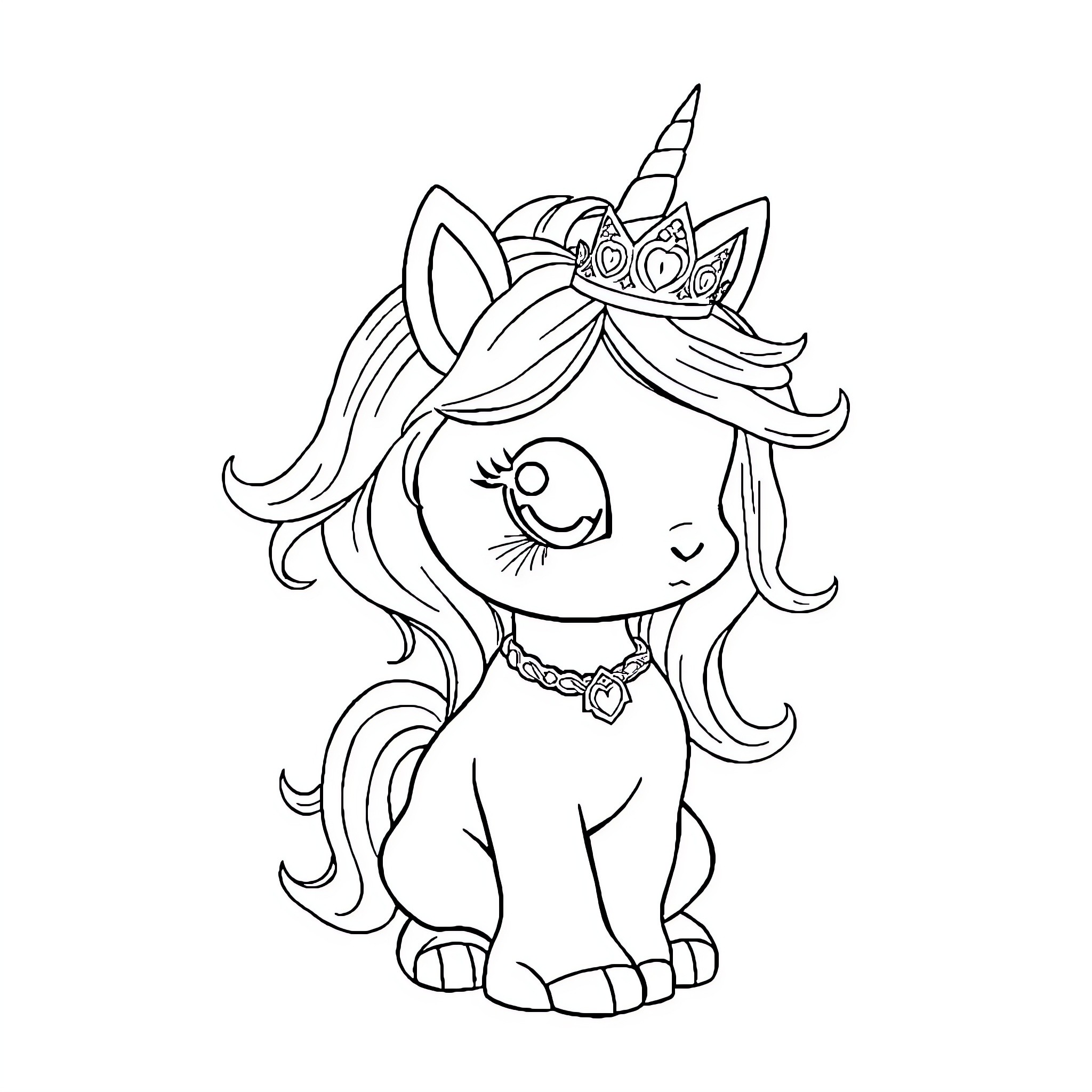 Unicorn Kitten with Whimsical Accessories Coloring Page (free black-and-white line drawing printable PDF for all, from beginners to advanced learners, including children, teens, adults, and seniors)