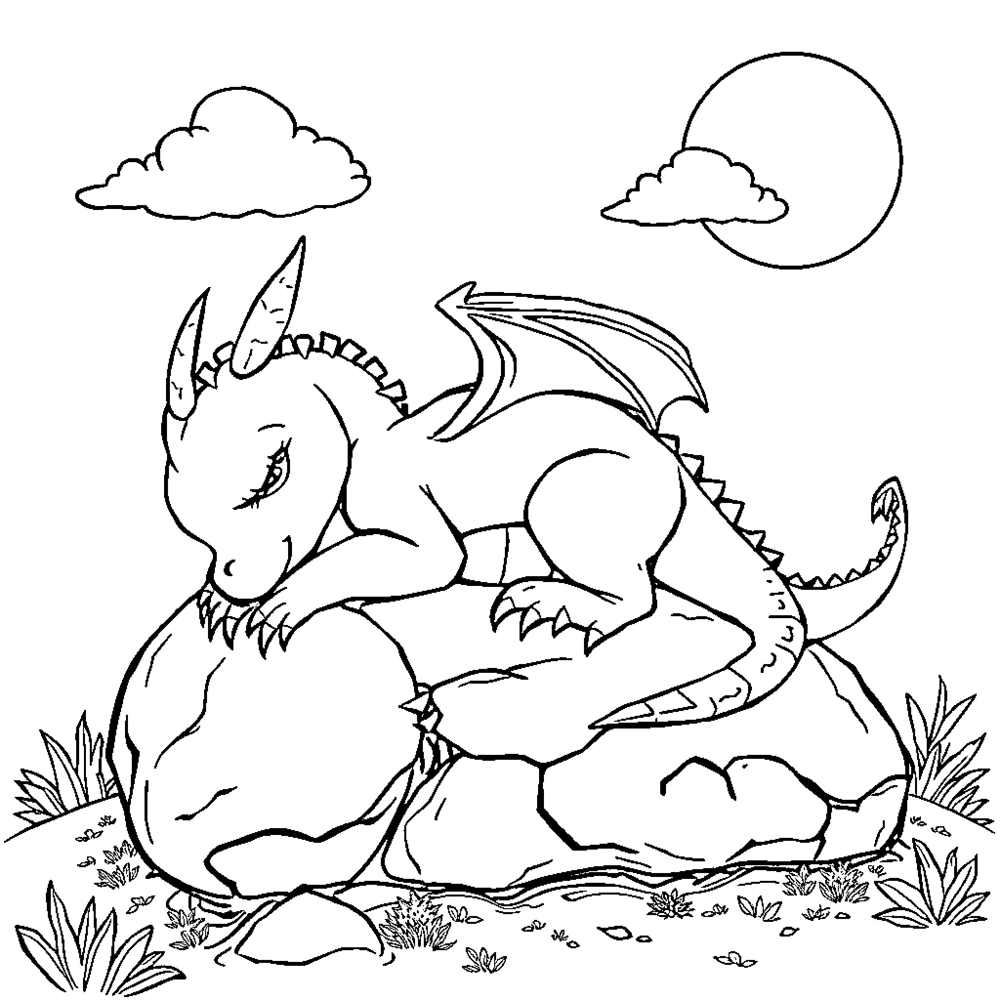 Dragon resting on rocky terrain with cloudy sky Coloring Page (free black-and-white line drawing printable PDF for all, from beginners to advanced learners, including children, teens, adults, and seniors)