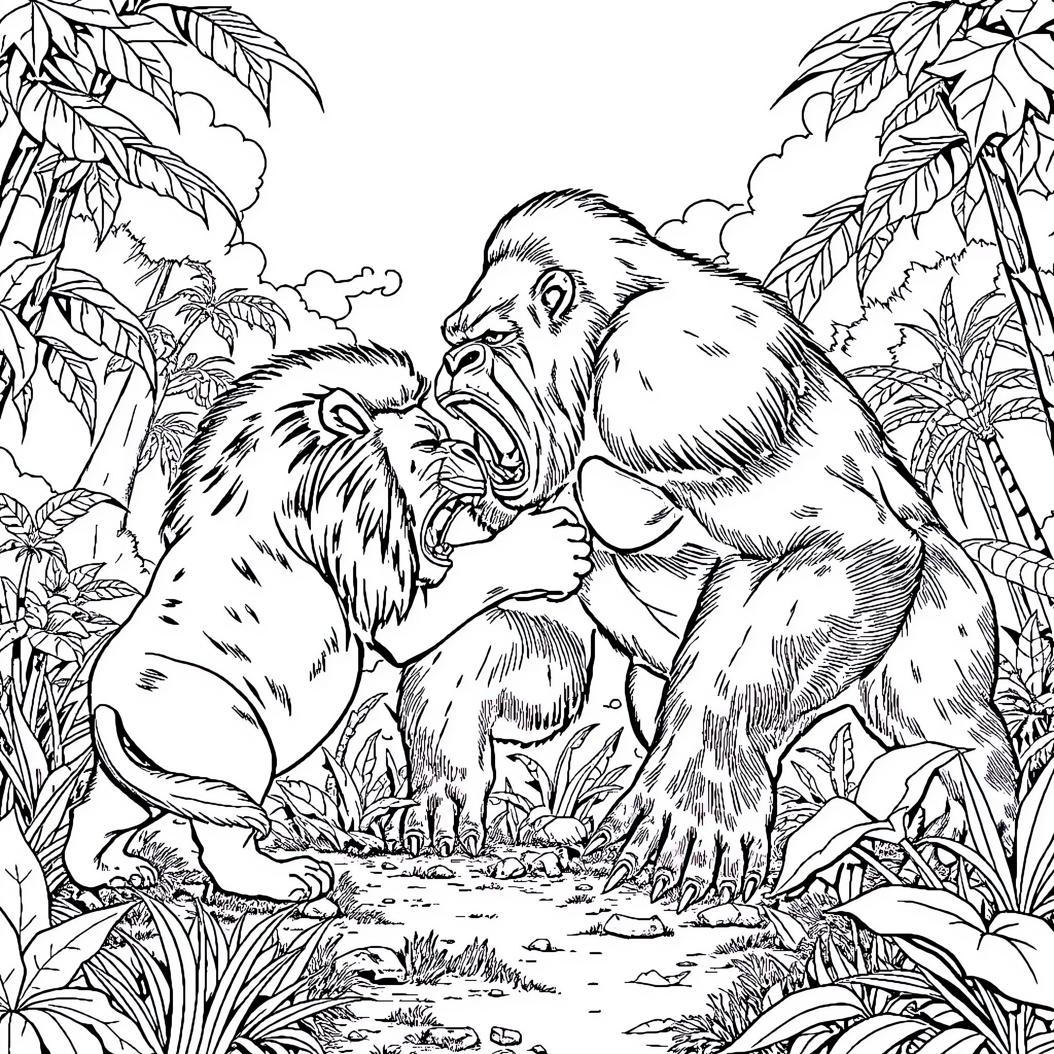 Lion fighting in the jungle Coloring Page (free black-and-white line drawing printable PDF for all, from beginners to advanced learners, including children, teens, adults, and seniors)