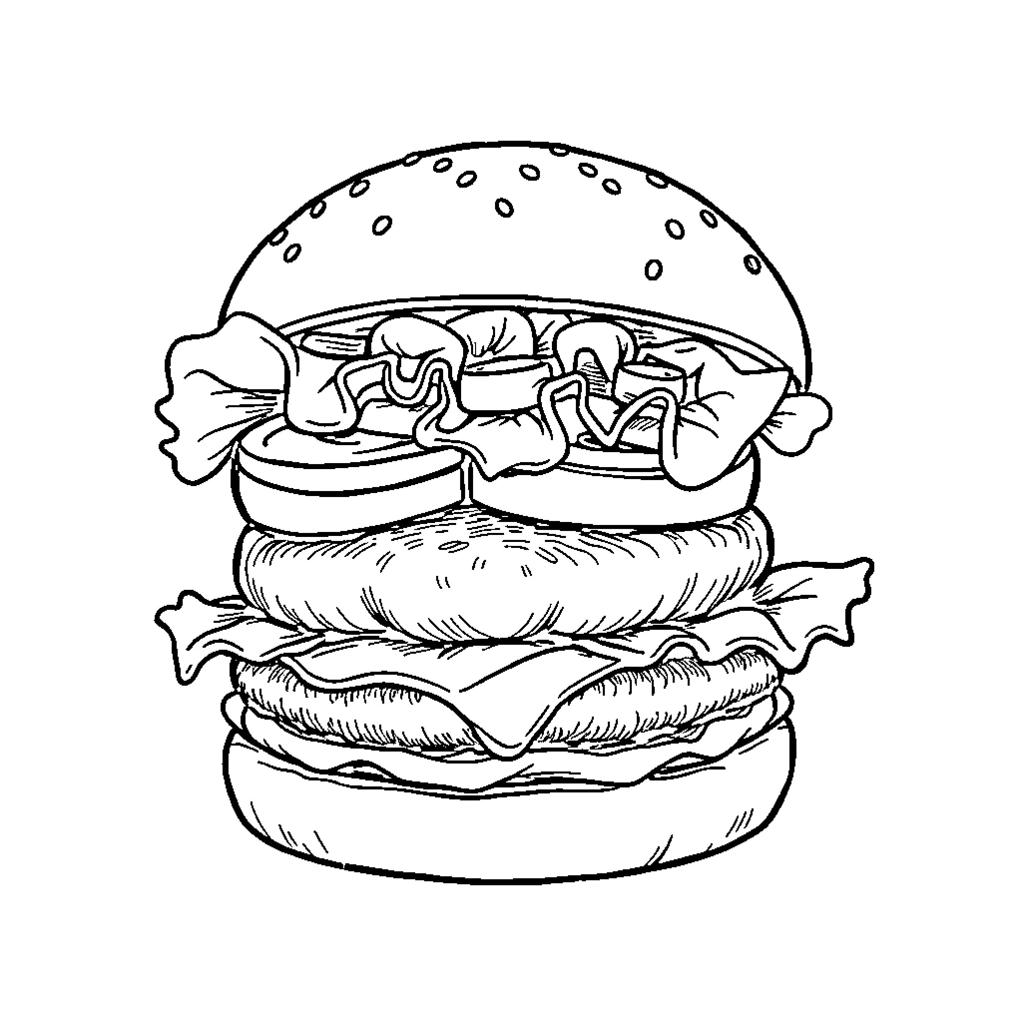 Hamburger with whimsical illustrations Coloring Page (free black-and-white line drawing printable PDF for all, from beginners to advanced learners, including children, teens, adults, and seniors)