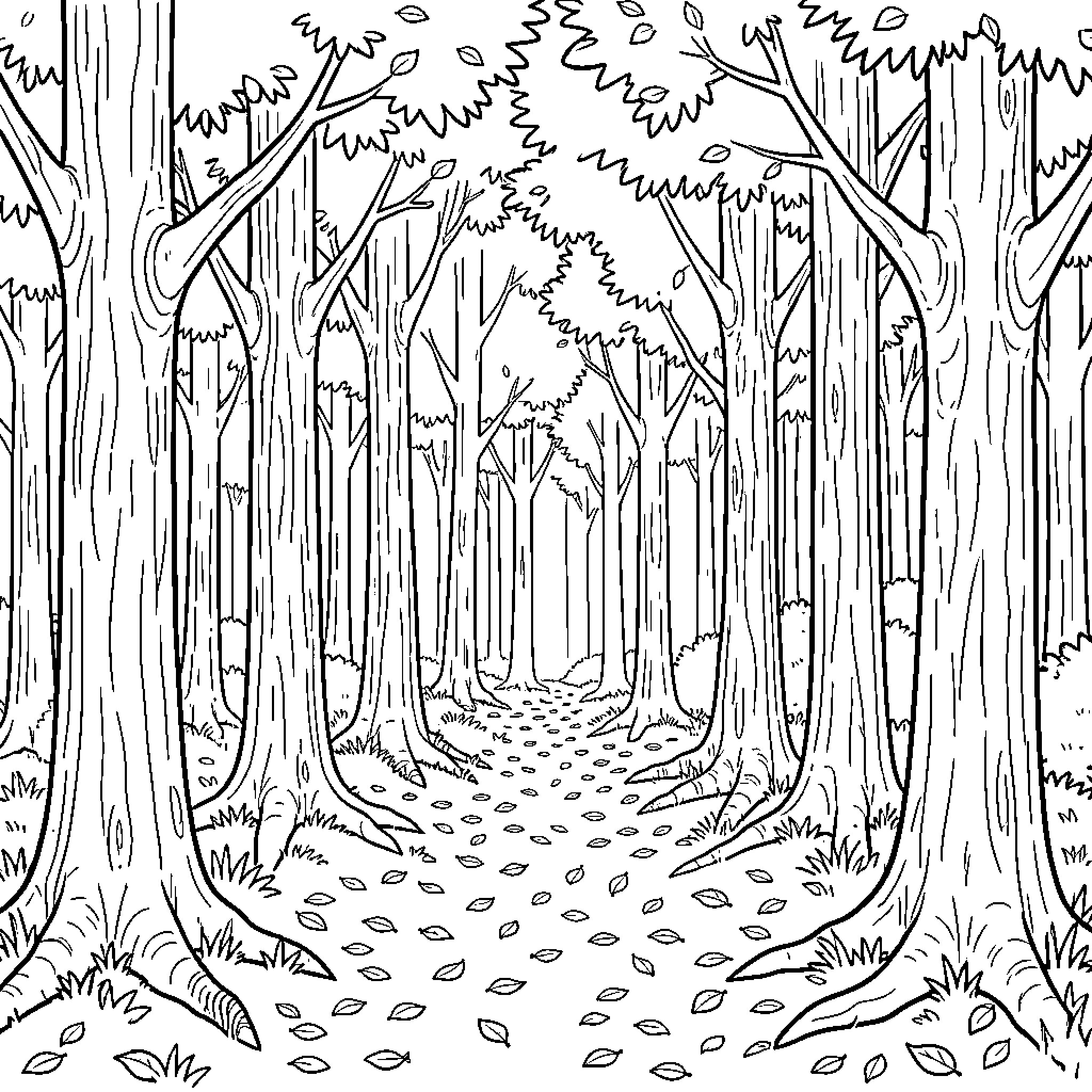Forest trees standing tall over a leaf-covered path Coloring Page (free black-and-white line drawing printable PDF for all, from beginners to advanced learners, including children, teens, adults, and seniors)