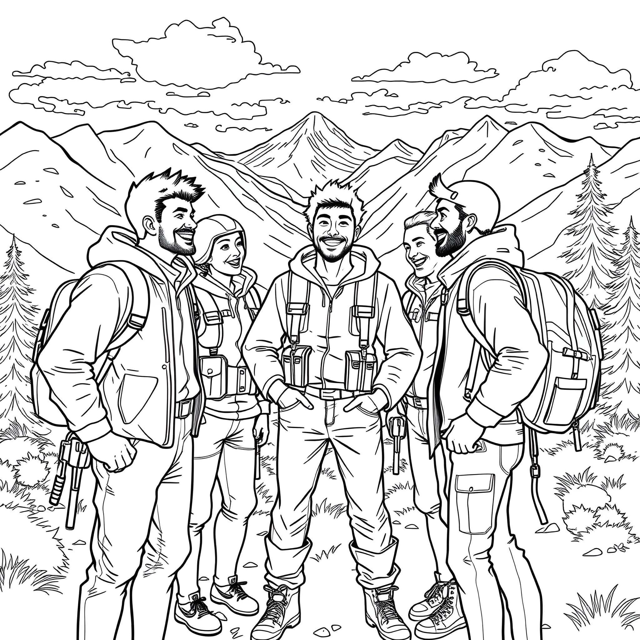 Hikers explore the majestic mountain landscape Coloring Page (free black-and-white line drawing printable PDF for all, from beginners to advanced learners, including children, teens, adults, and seniors)
