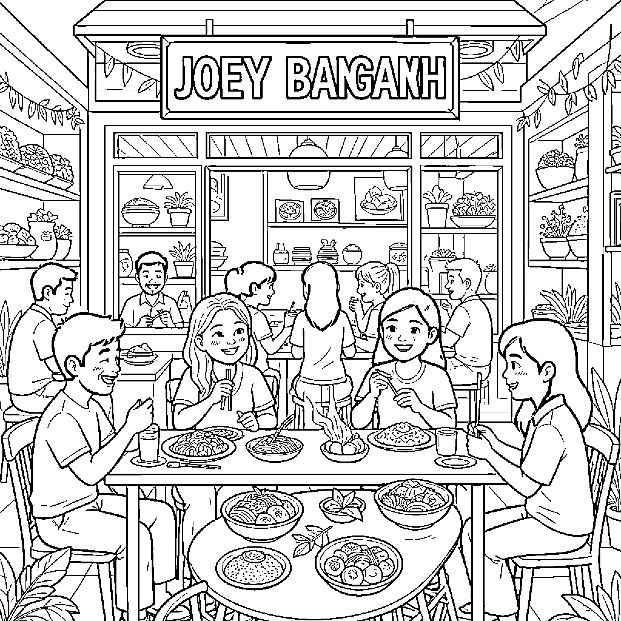 Thai Restaurant with people dining and chatting happily Coloring Page (free black-and-white line drawing printable PDF for all, from beginners to advanced learners, including children, teens, adults, and seniors)