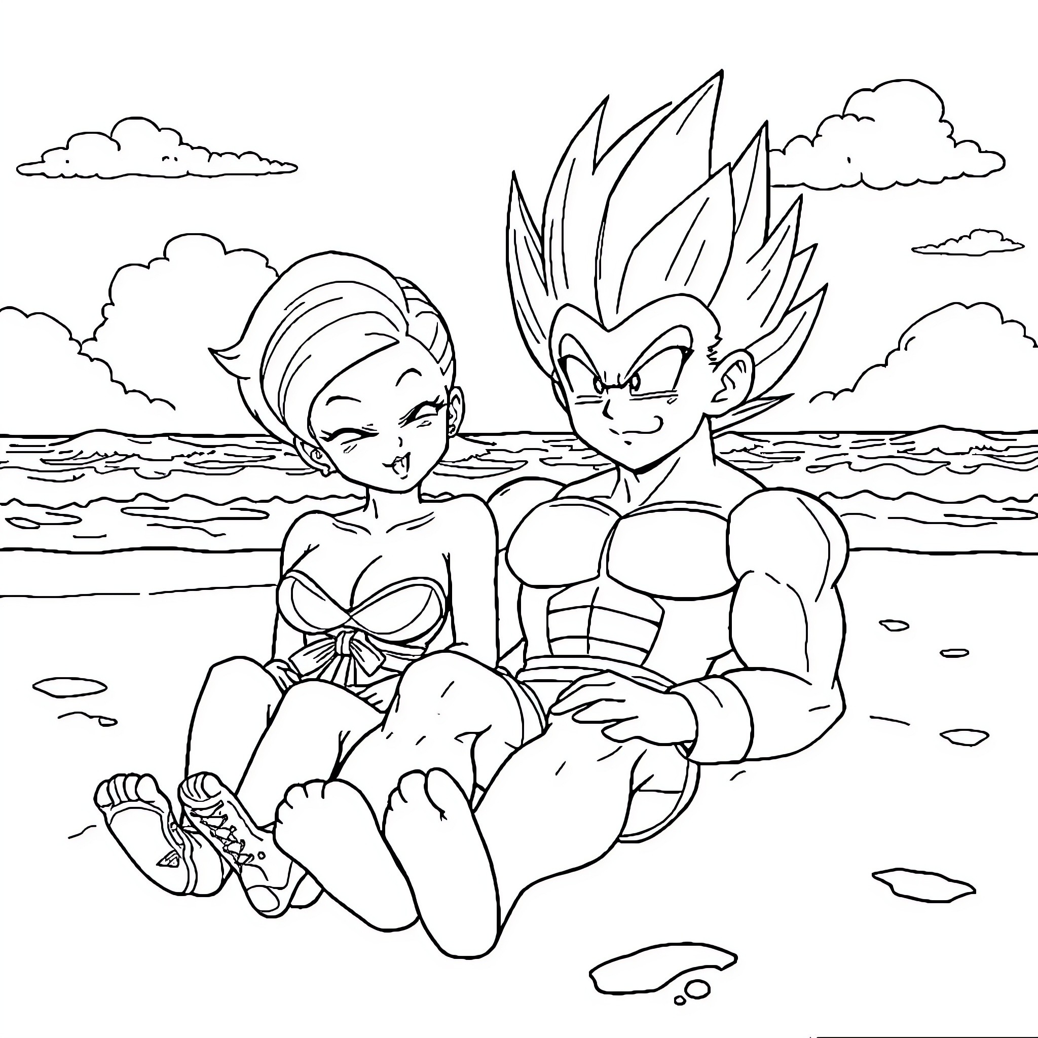 Bulma and Vegeta relaxing on the beach Coloring Page (free black-and-white line drawing printable PDF for all, from beginners to advanced learners, including children, teens, adults, and seniors)