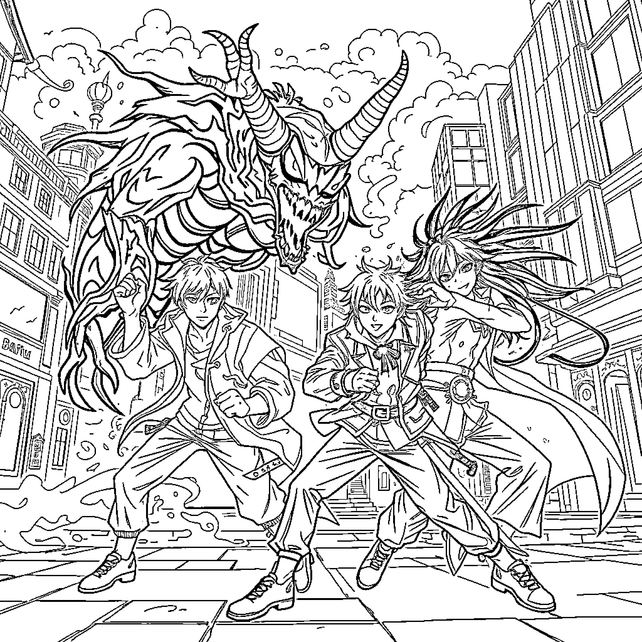 Saja Boys fighting against fantastical beasts Coloring Page (free black-and-white line drawing printable PDF for all, from beginners to advanced learners, including children, teens, adults, and seniors)