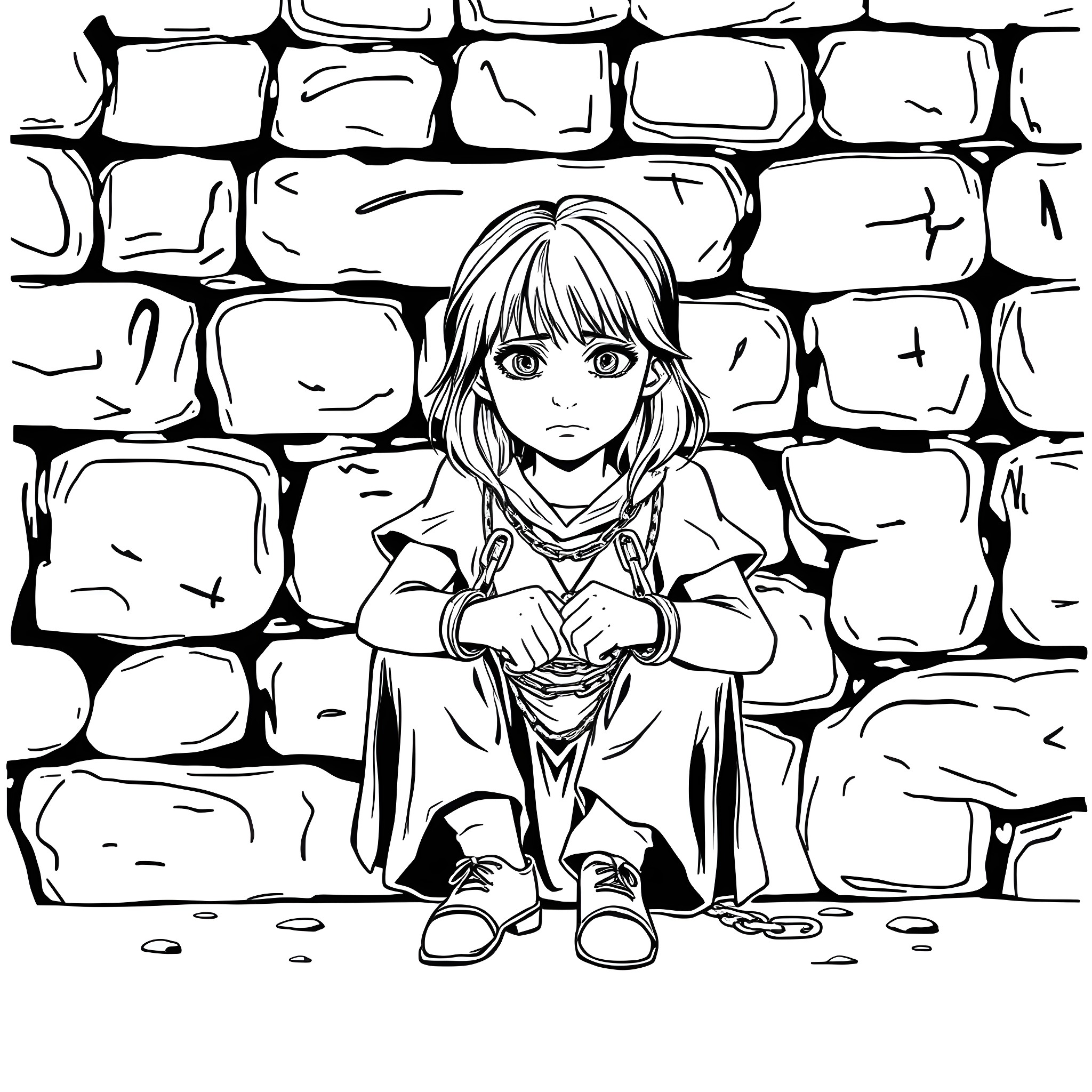 Girl sitting alone on stone wall Coloring Page (free black-and-white line drawing printable PDF for all, from beginners to advanced learners, including children, teens, adults, and seniors)