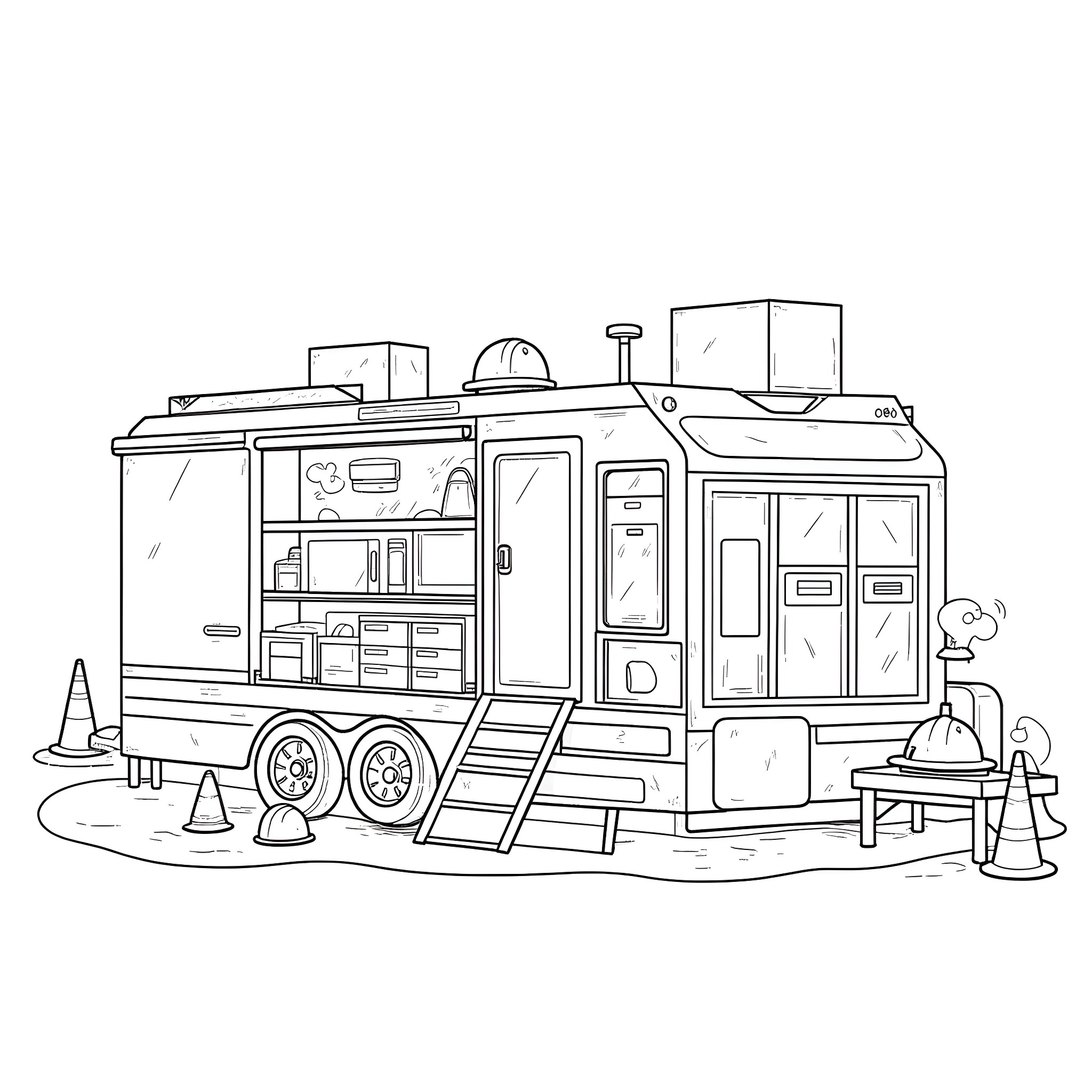 Trailer of a mobile food truck with various equipment Coloring Page (free black-and-white line drawing printable PDF for all, from beginners to advanced learners, including children, teens, adults, and seniors)