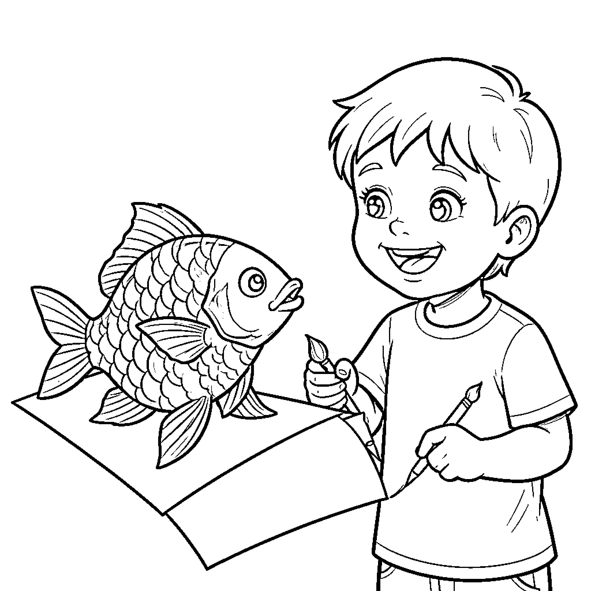 Pez Painting a Colorful Fish Picture Coloring Page (free black-and-white line drawing printable PDF for all, from beginners to advanced learners, including children, teens, adults, and seniors)