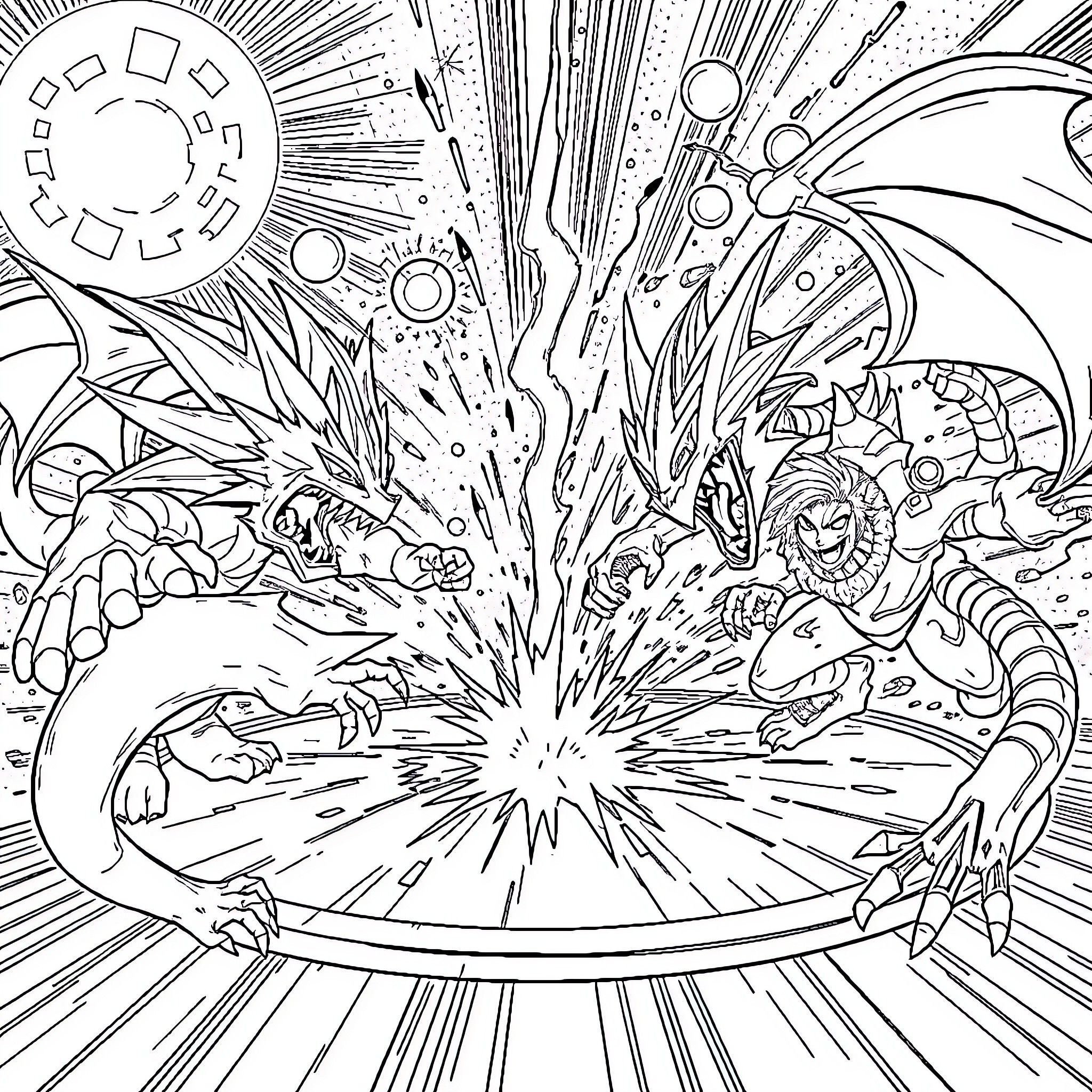 Yu-Gi-Oh Monster Battle Explosion Scene Coloring Page (free black-and-white line drawing printable PDF for all, from beginners to advanced learners, including children, teens, adults, and seniors)