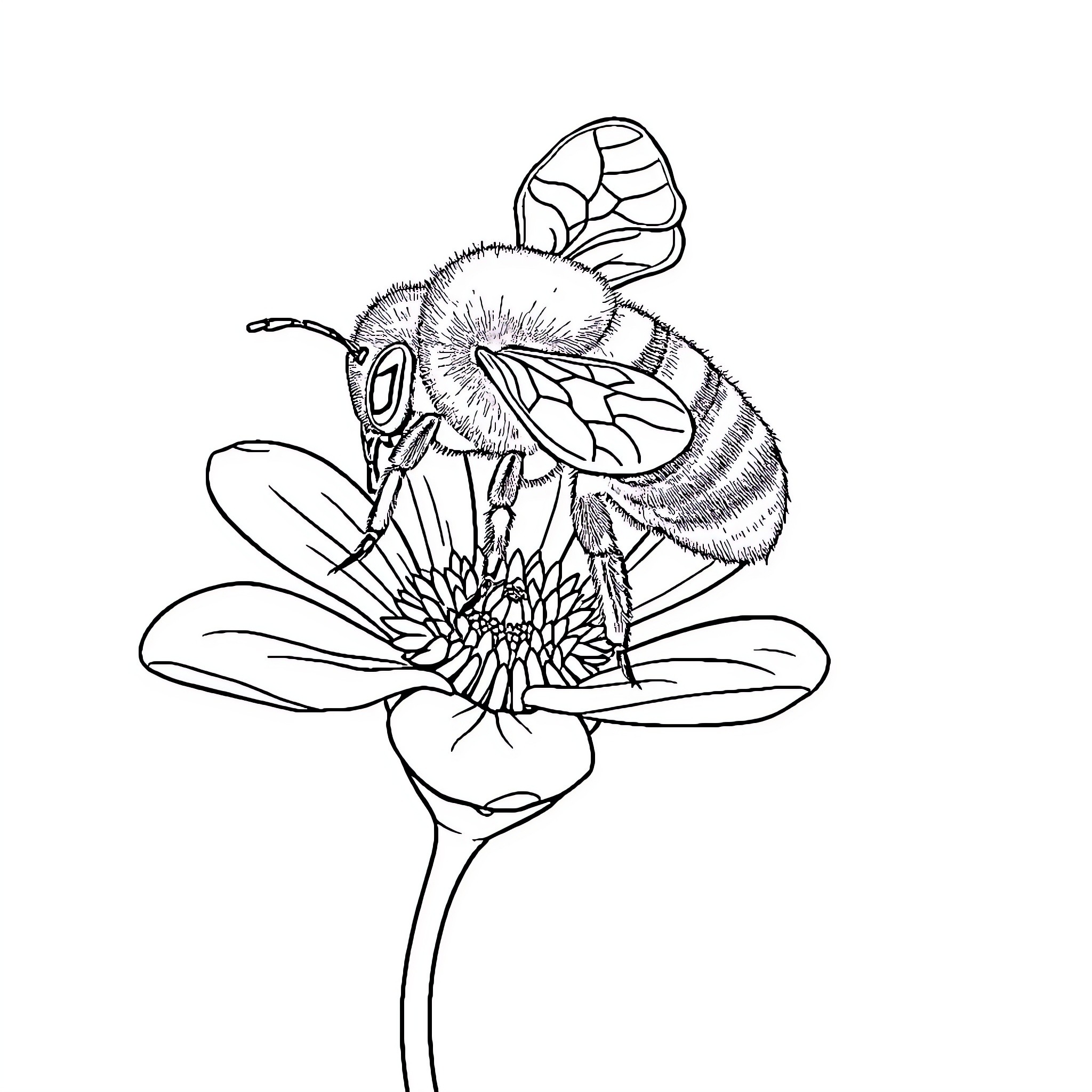 Bee resting on a vibrant flower Coloring Page (free black-and-white line drawing printable PDF for all, from beginners to advanced learners, including children, teens, adults, and seniors)