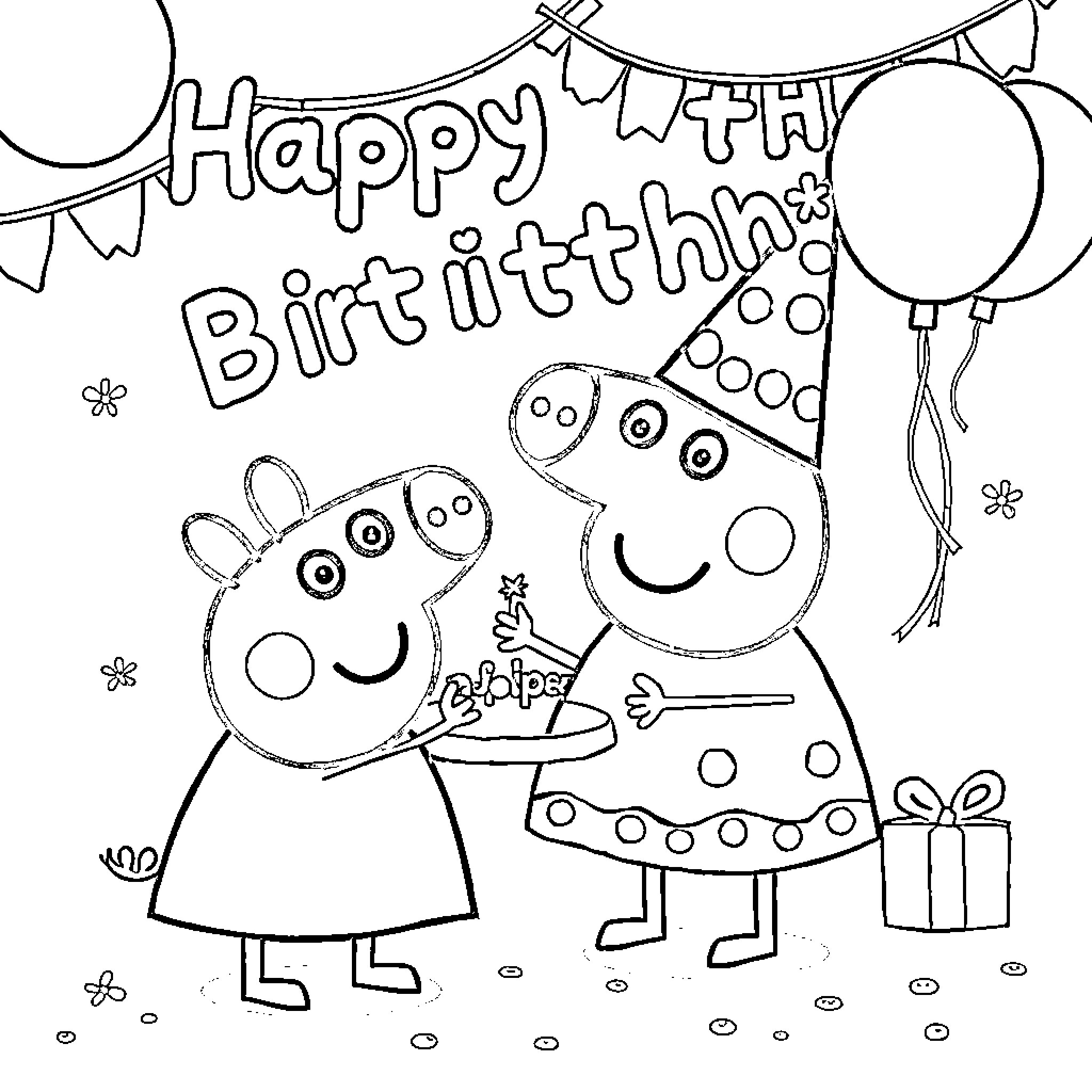Peppa Pig celebrating birthday party with friends Coloring Page (free black-and-white line drawing printable PDF for all, from beginners to advanced learners, including children, teens, adults, and seniors)