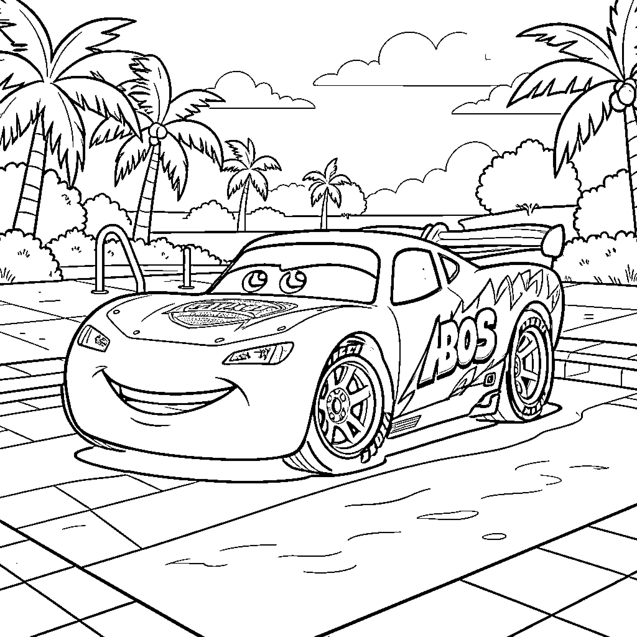 Flash McQueen smiling at a tropical beach resort Coloring Page (free black-and-white line drawing printable PDF for all, from beginners to advanced learners, including children, teens, adults, and seniors)