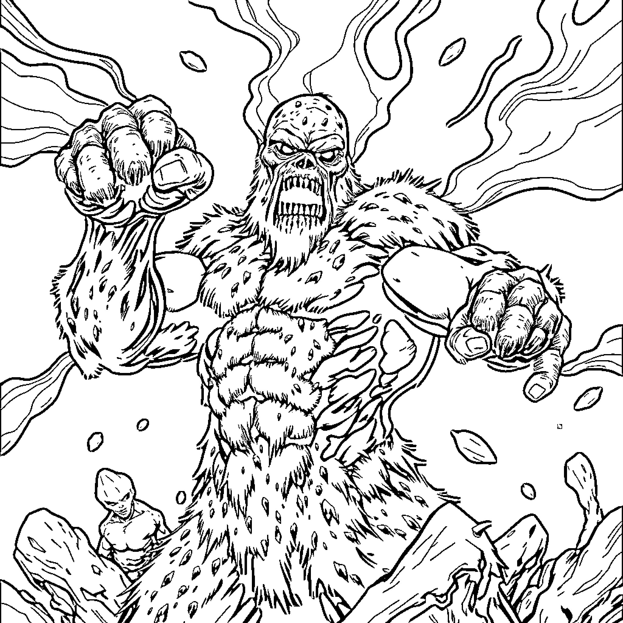 Swamp Thing Battles Fierce Foe in Murky Terrain Coloring Page (free black-and-white line drawing printable PDF for all, from beginners to advanced learners, including children, teens, adults, and seniors)