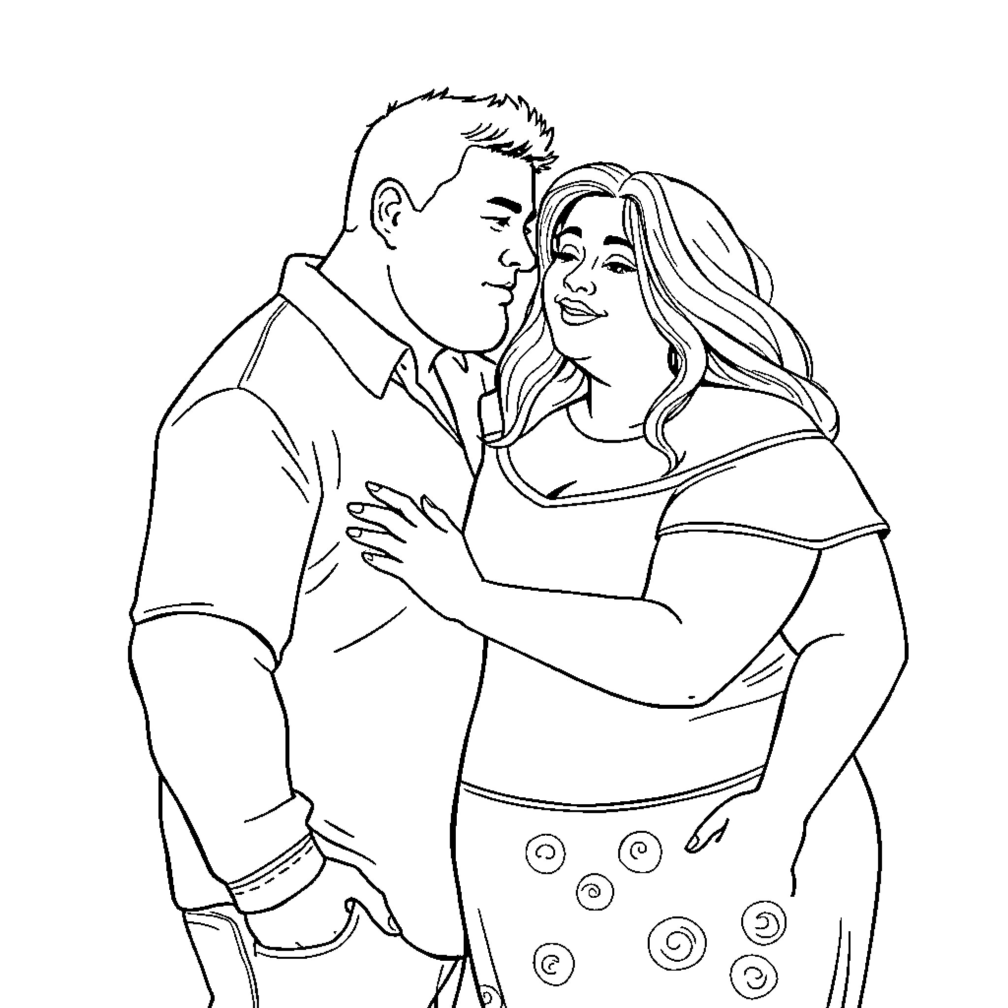 Guy embracing woman in loving moment Coloring Page (free black-and-white line drawing printable PDF for all, from beginners to advanced learners, including children, teens, adults, and seniors)