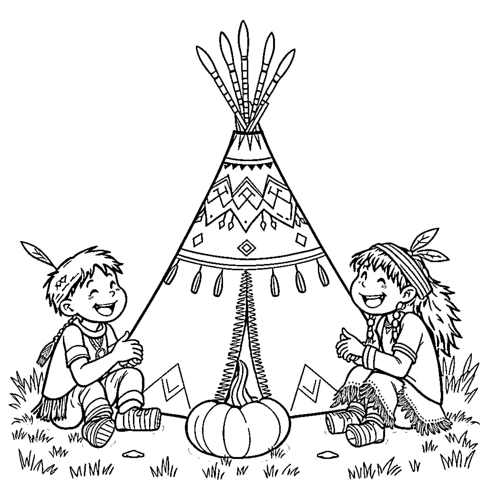 Native American Kids Playing Near Teepee Coloring Page (free black-and-white line drawing printable PDF for all, from beginners to advanced learners, including children, teens, adults, and seniors)