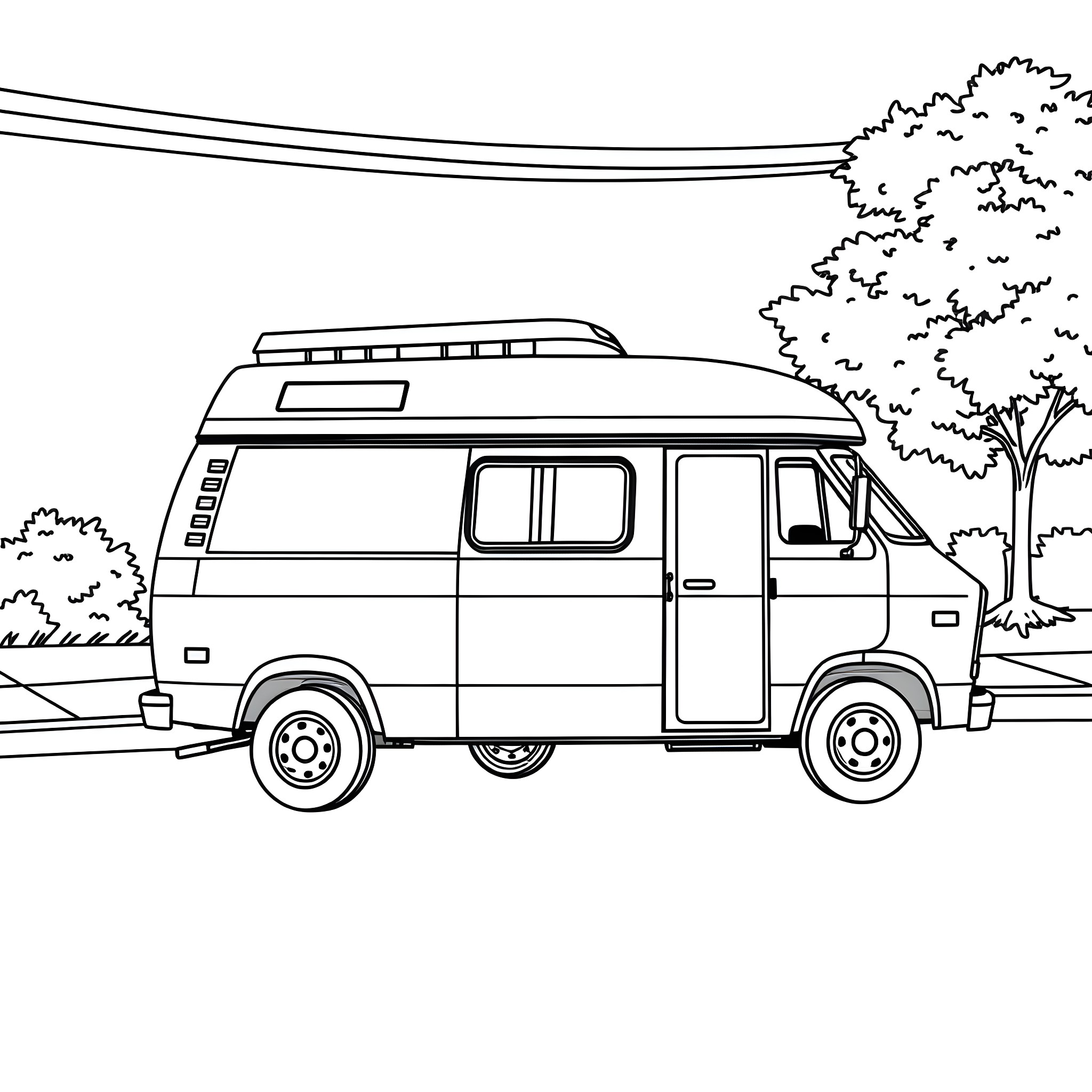Van camper parked in scenic nature Coloring Page (free black-and-white line drawing printable PDF for all, from beginners to advanced learners, including children, teens, adults, and seniors)