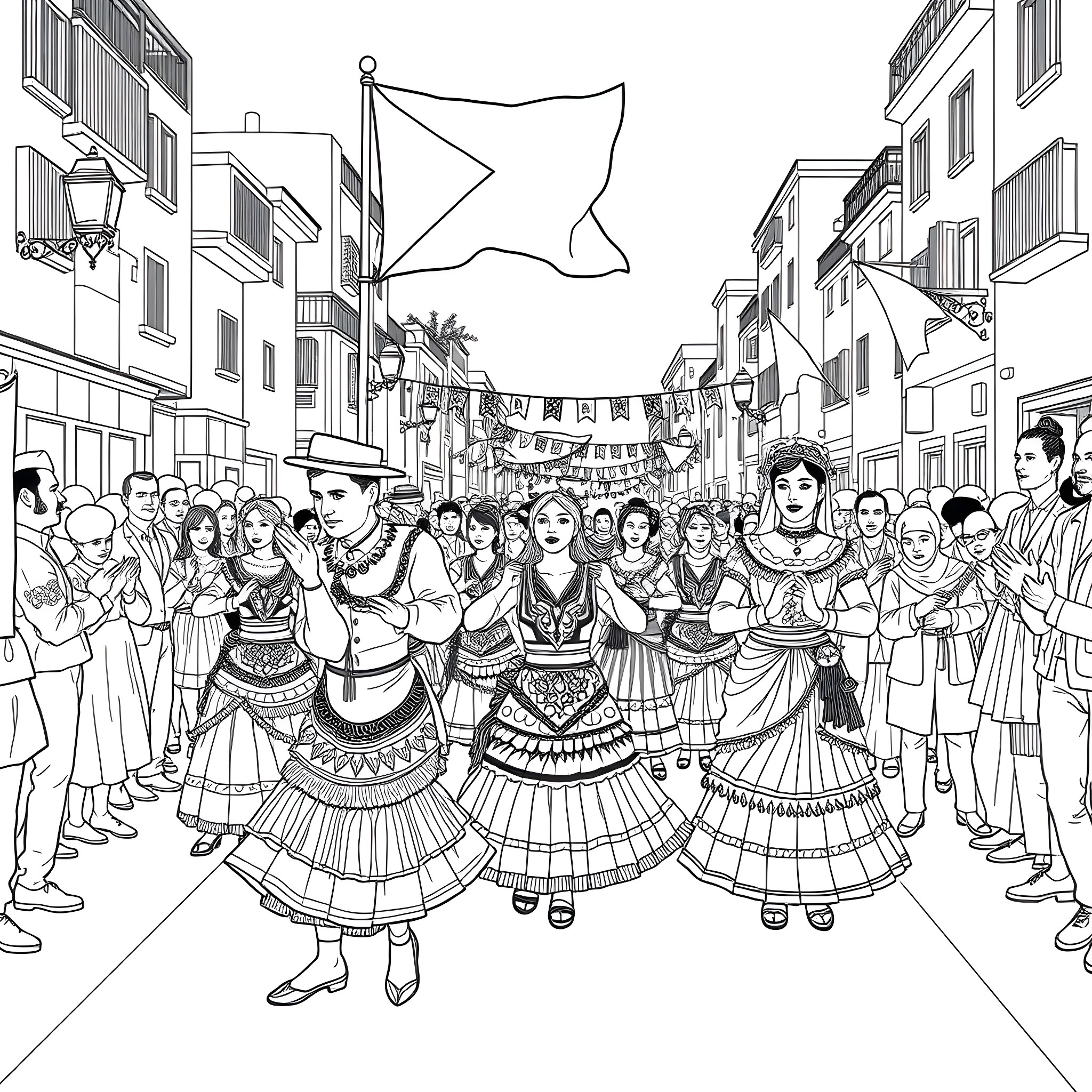 Palestine cultural celebration with traditional costumes and flag Coloring Page (free black-and-white line drawing printable PDF for all, from beginners to advanced learners, including children, teens, adults, and seniors)