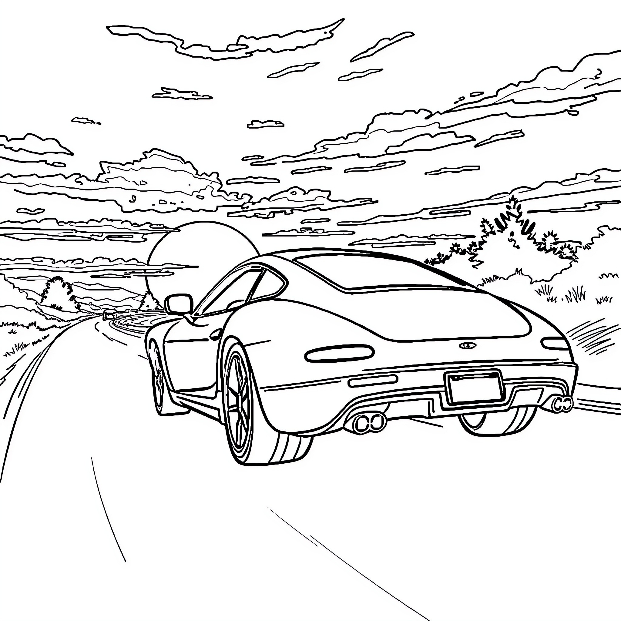 Car driving down a scenic road at sunset Coloring Page (free black-and-white line drawing printable PDF for all, from beginners to advanced learners, including children, teens, adults, and seniors)