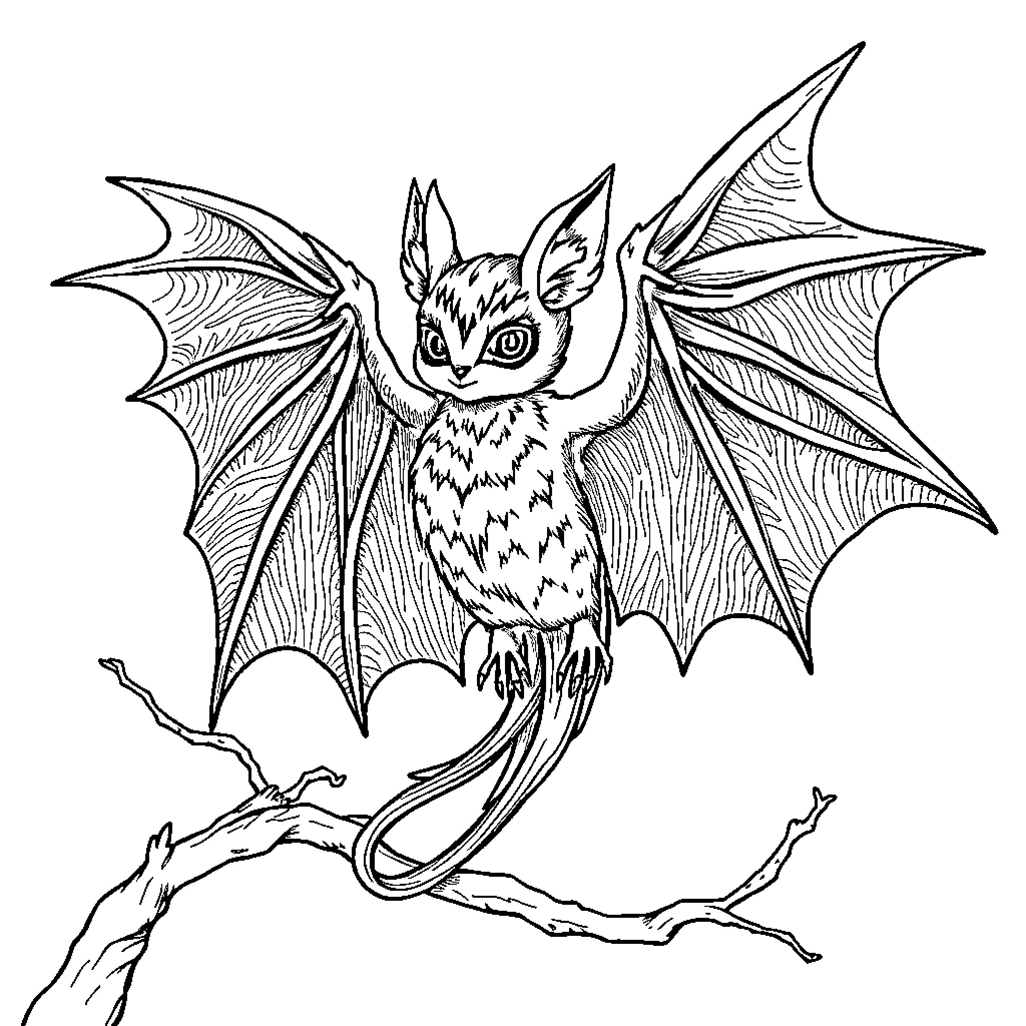 Bat taking flight with outstretched wings Coloring Page (free black-and-white line drawing printable PDF for all, from beginners to advanced learners, including children, teens, adults, and seniors)