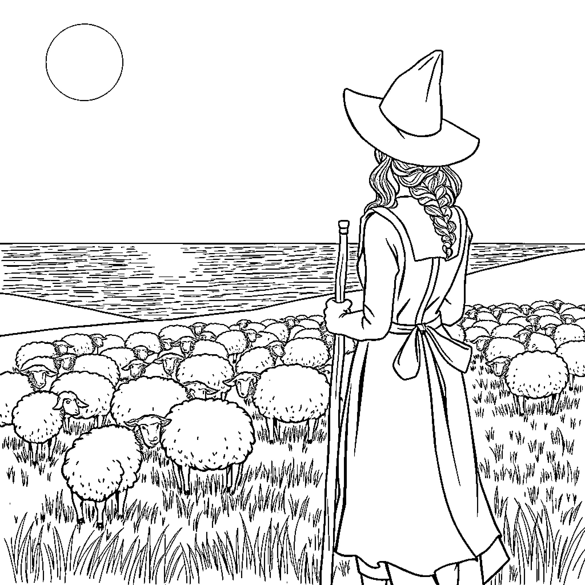 Shepherdess overlooking a flock of sheep in the countryside Coloring Page (free black-and-white line drawing printable PDF for all, from beginners to advanced learners, including children, teens, adults, and seniors)