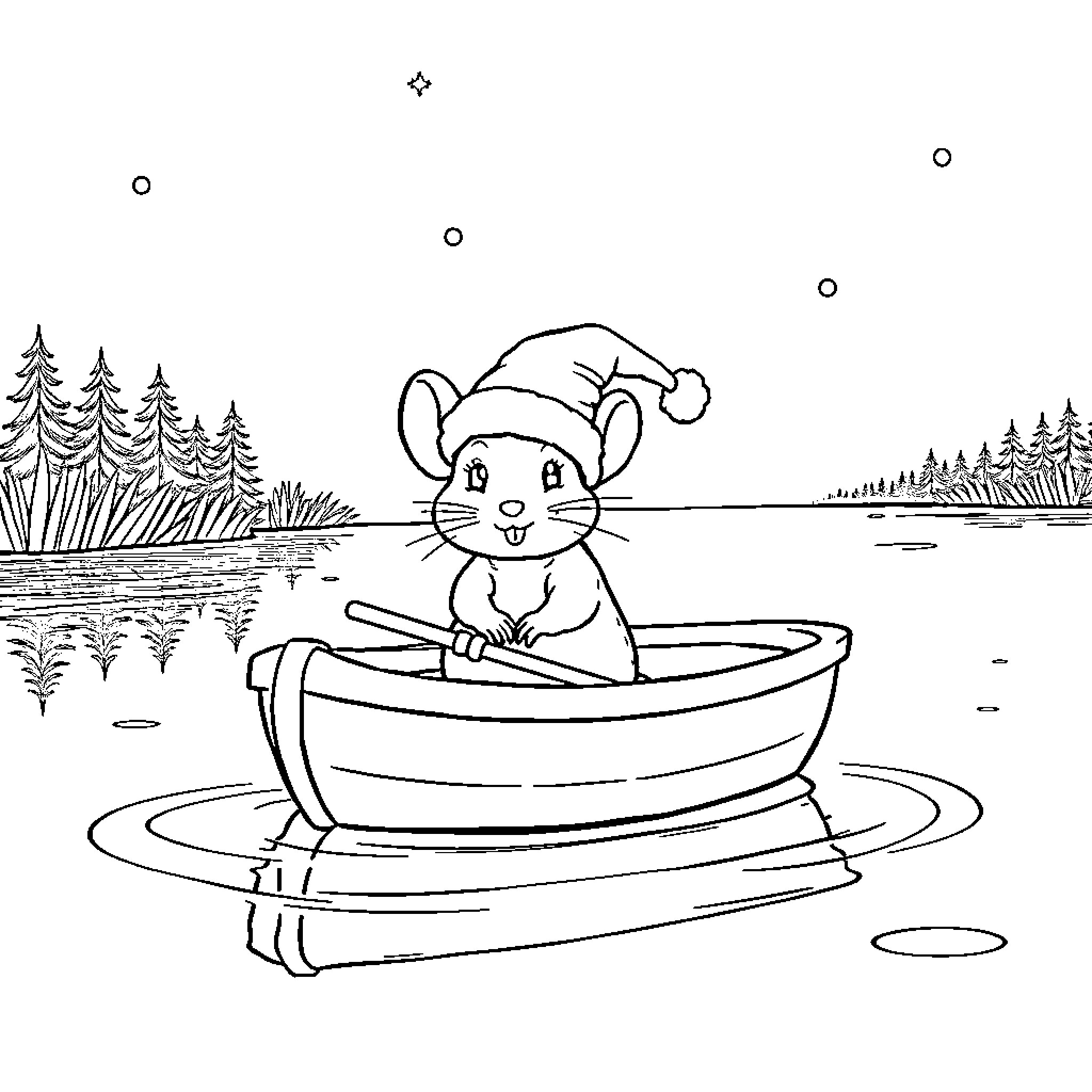 Mouse rowing boat in winter landscape Coloring Page (free black-and-white line drawing printable PDF for all, from beginners to advanced learners, including children, teens, adults, and seniors)