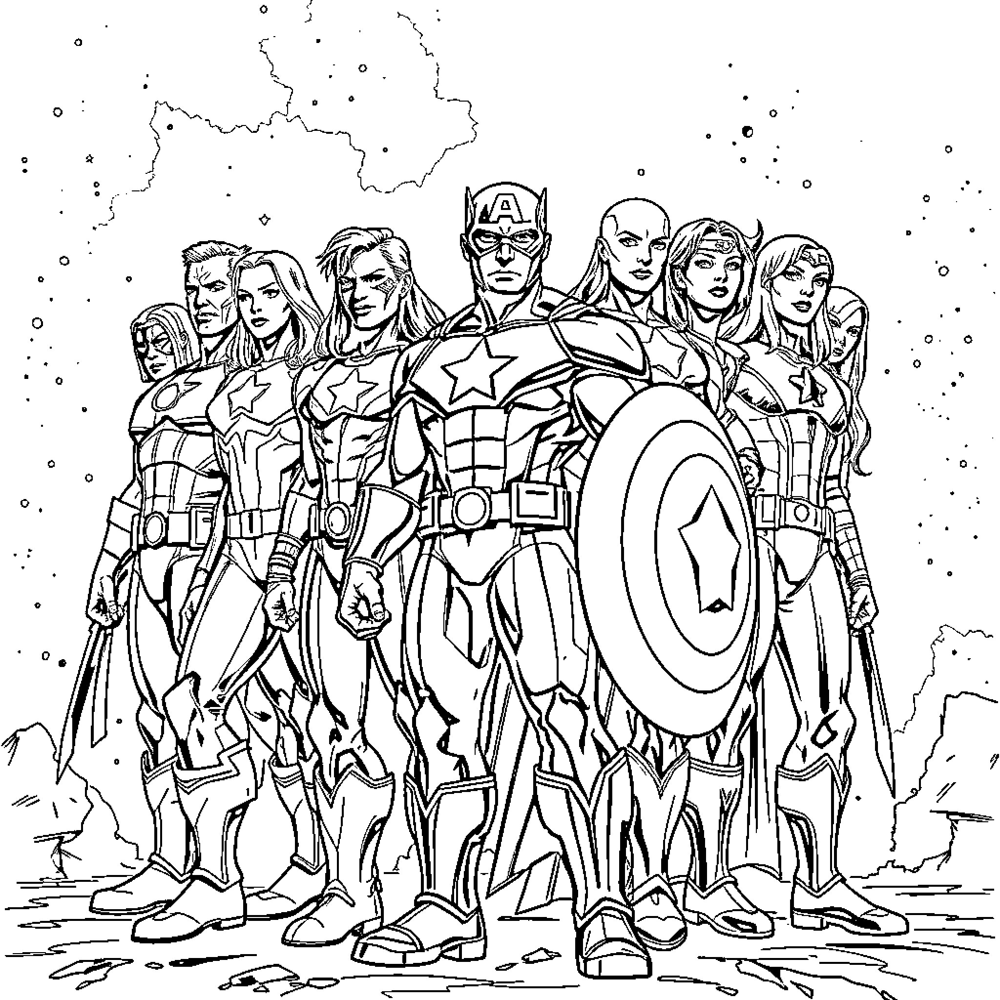 Avenger Superheroes in Action Pose Coloring Page (free black-and-white line drawing printable PDF for all, from beginners to advanced learners, including children, teens, adults, and seniors)