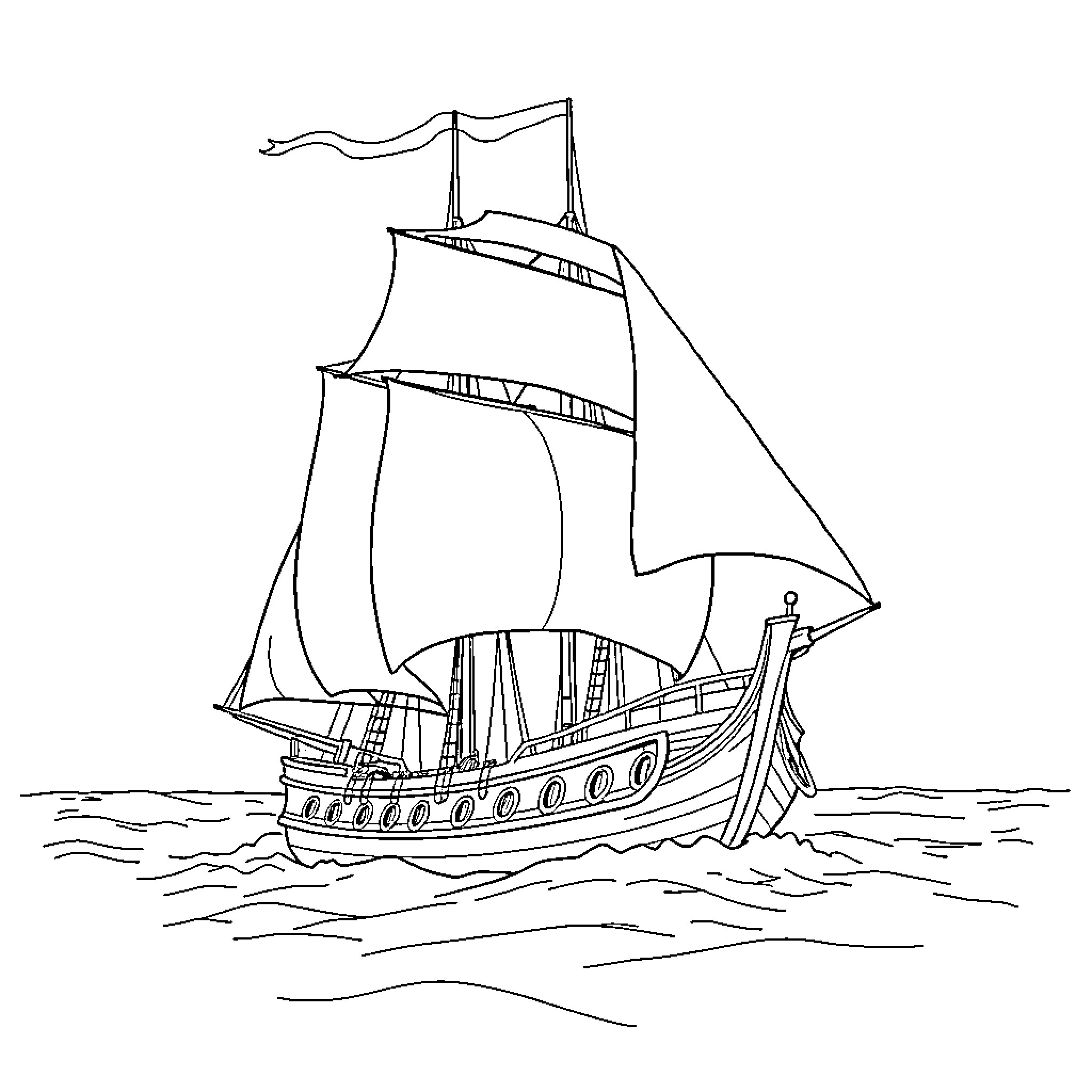 Bateau sailing gracefully across the open waters Coloring Page (free black-and-white line drawing printable PDF for all, from beginners to advanced learners, including children, teens, adults, and seniors)