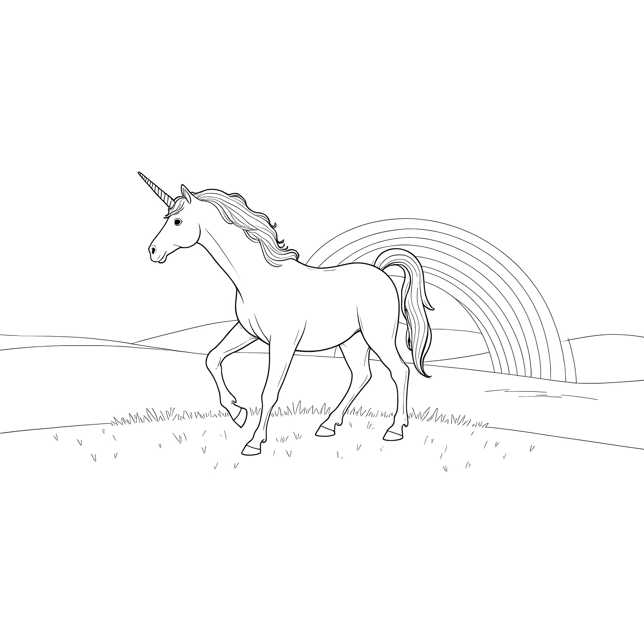 Unicorn standing gracefully in a field with a rainbow Coloring Page (free black-and-white line drawing printable PDF for all, from beginners to advanced learners, including children, teens, adults, and seniors)