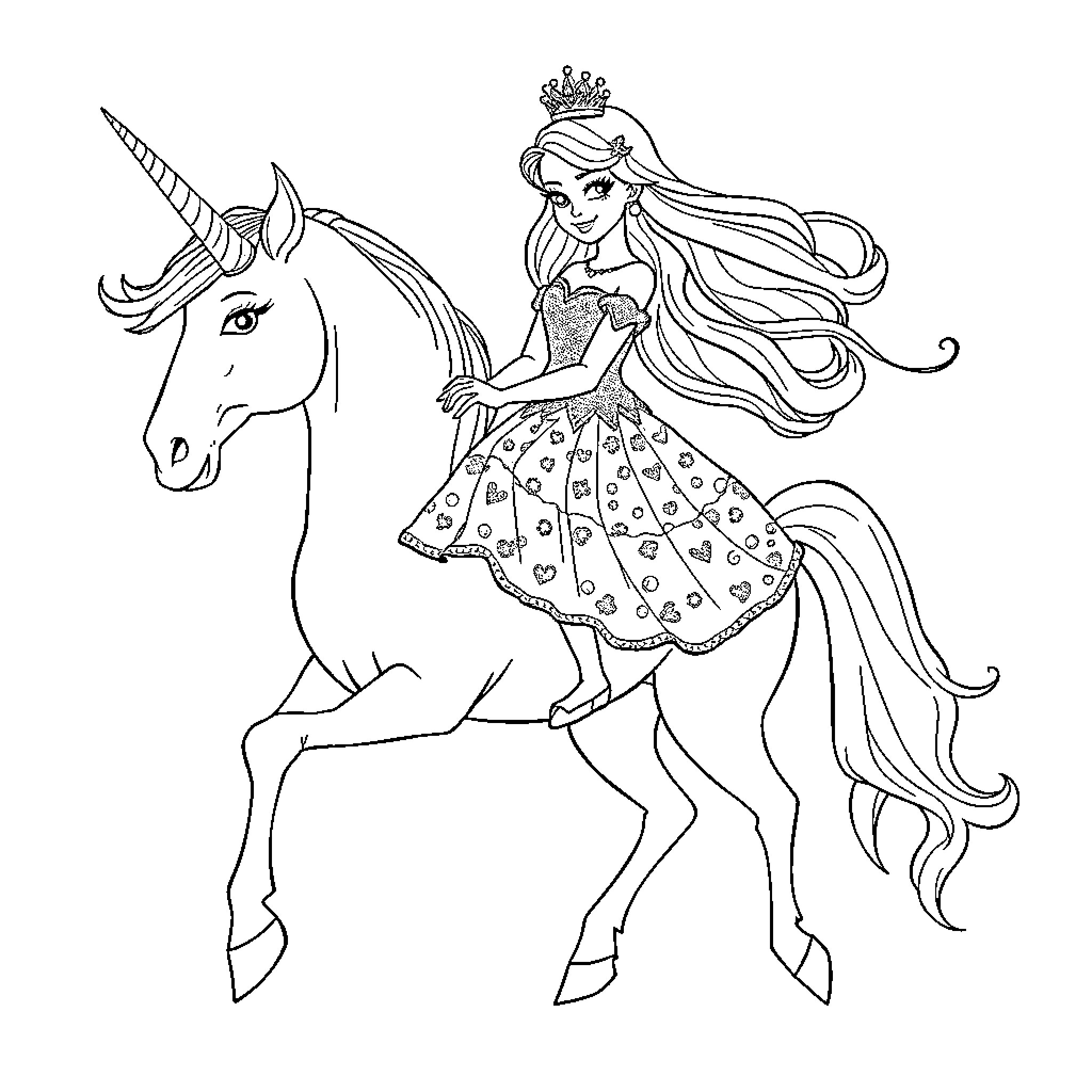 Princess riding a magical unicorn in a whimsical dress Coloring Page (free black-and-white line drawing printable PDF for all, from beginners to advanced learners, including children, teens, adults, and seniors)