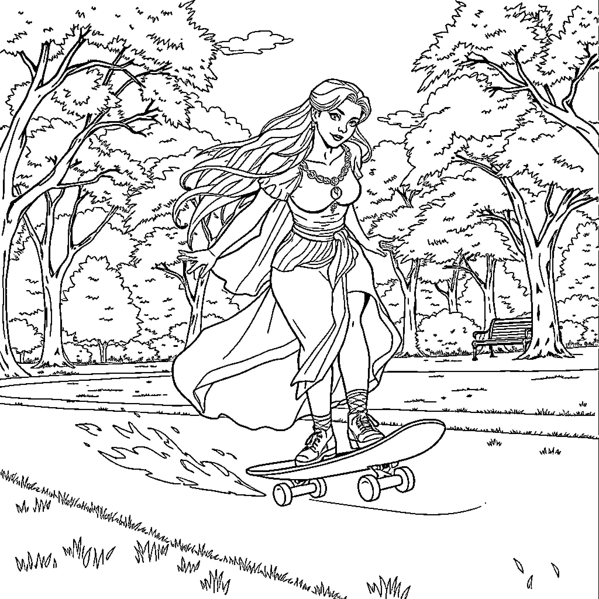 Daenerys Targaryen skateboarding in the enchanted forest Coloring Page (free black-and-white line drawing printable PDF for all, from beginners to advanced learners, including children, teens, adults, and seniors)