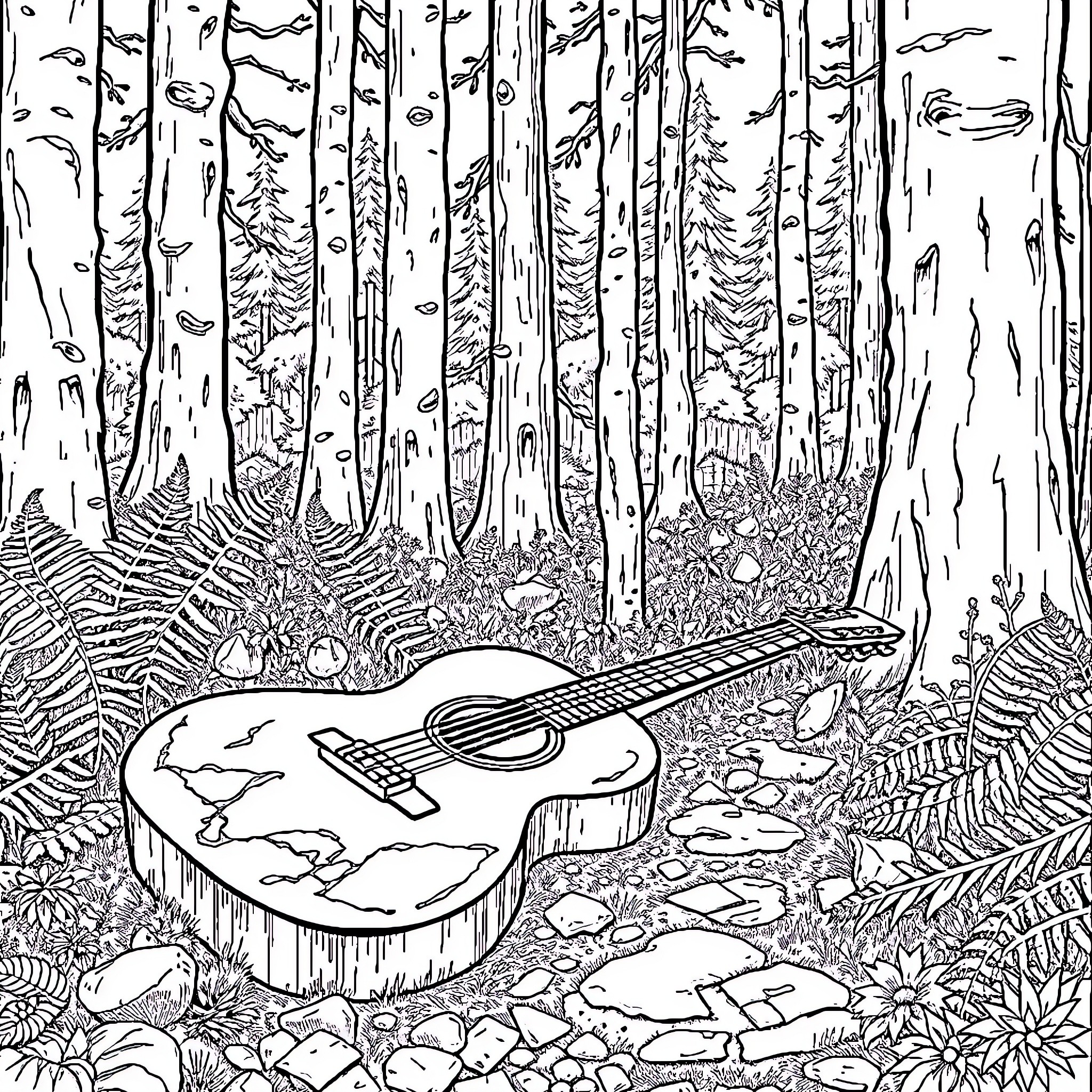 Guitar in the Enchanted Forest Coloring Page (free black-and-white line drawing printable PDF for all, from beginners to advanced learners, including children, teens, adults, and seniors)