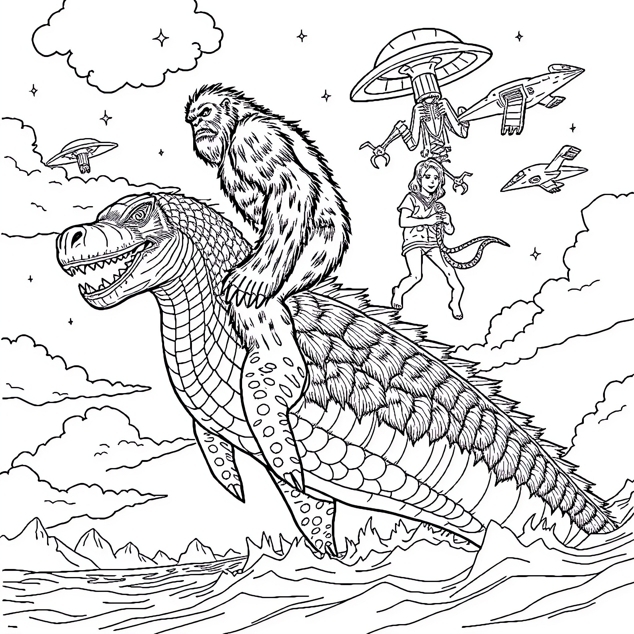 Bigfoot riding a dinosaur-like creature in a sci-fi landscape Coloring Page (free black-and-white line drawing printable PDF for all, from beginners to advanced learners, including children, teens, adults, and seniors)