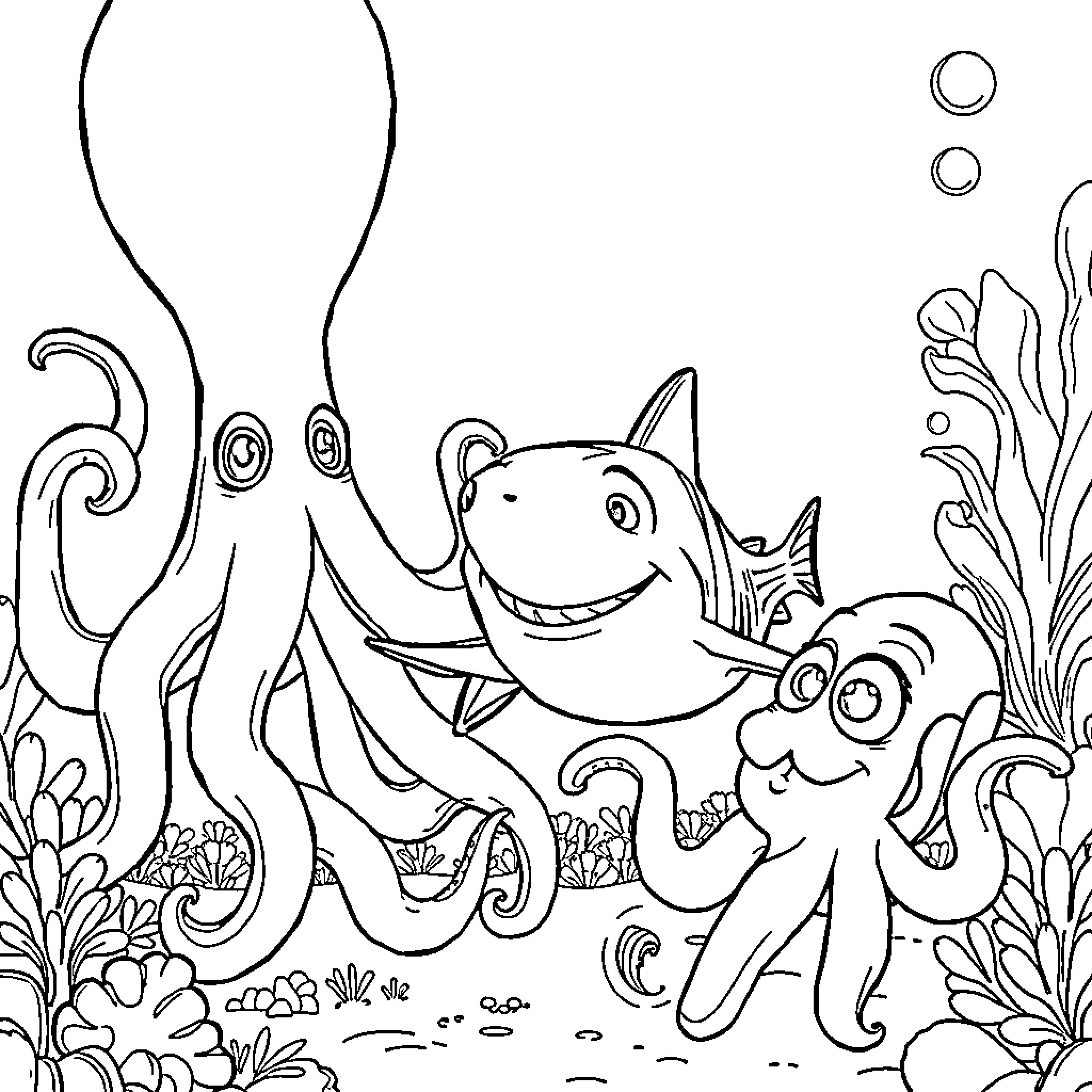Shark friends frolicking in the ocean Coloring Page (free black-and-white line drawing printable PDF for all, from beginners to advanced learners, including children, teens, adults, and seniors)
