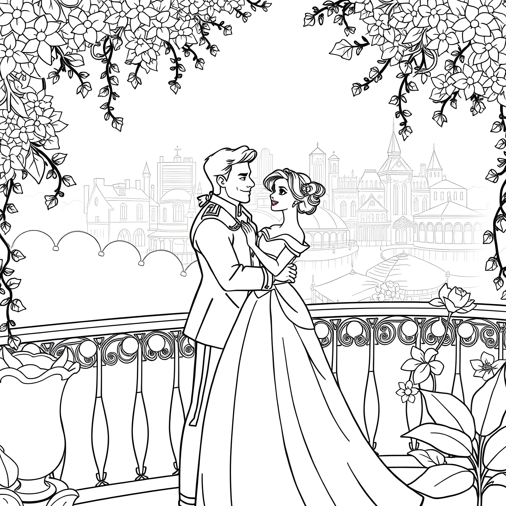 Tiana and Prince Naveen in a romantic embrace Coloring Page (free black-and-white line drawing printable PDF for all, from beginners to advanced learners, including children, teens, adults, and seniors)