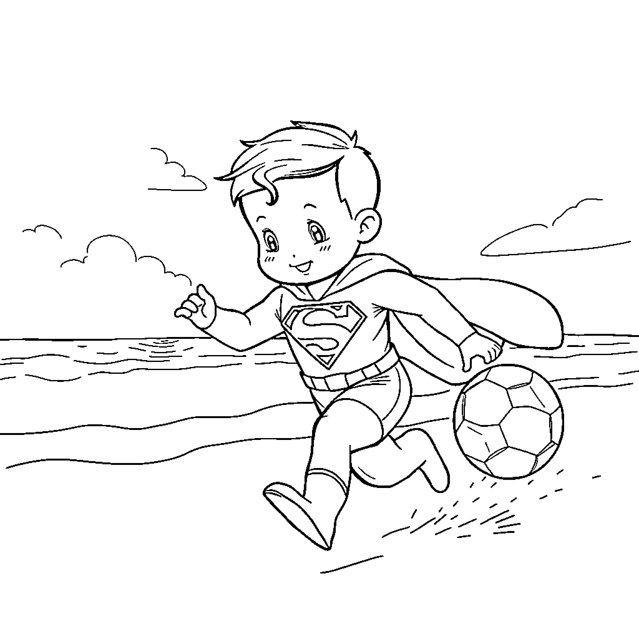 Baby Superman playing with soccer ball on beach Coloring Page (free black-and-white line drawing printable PDF for all, from beginners to advanced learners, including children, teens, adults, and seniors)