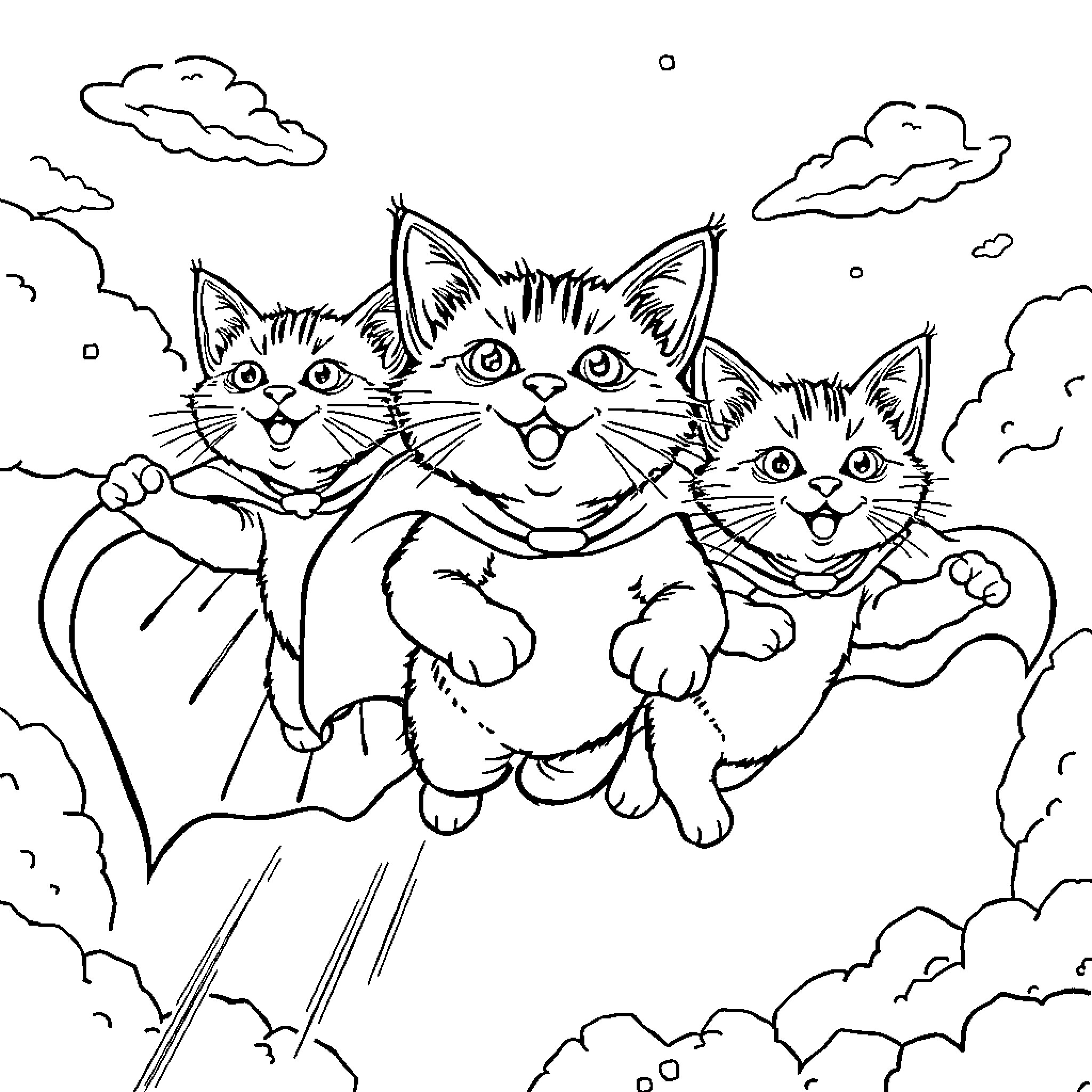 Kitty friends exploring the clouds Coloring Page (free black-and-white line drawing printable PDF for all, from beginners to advanced learners, including children, teens, adults, and seniors)