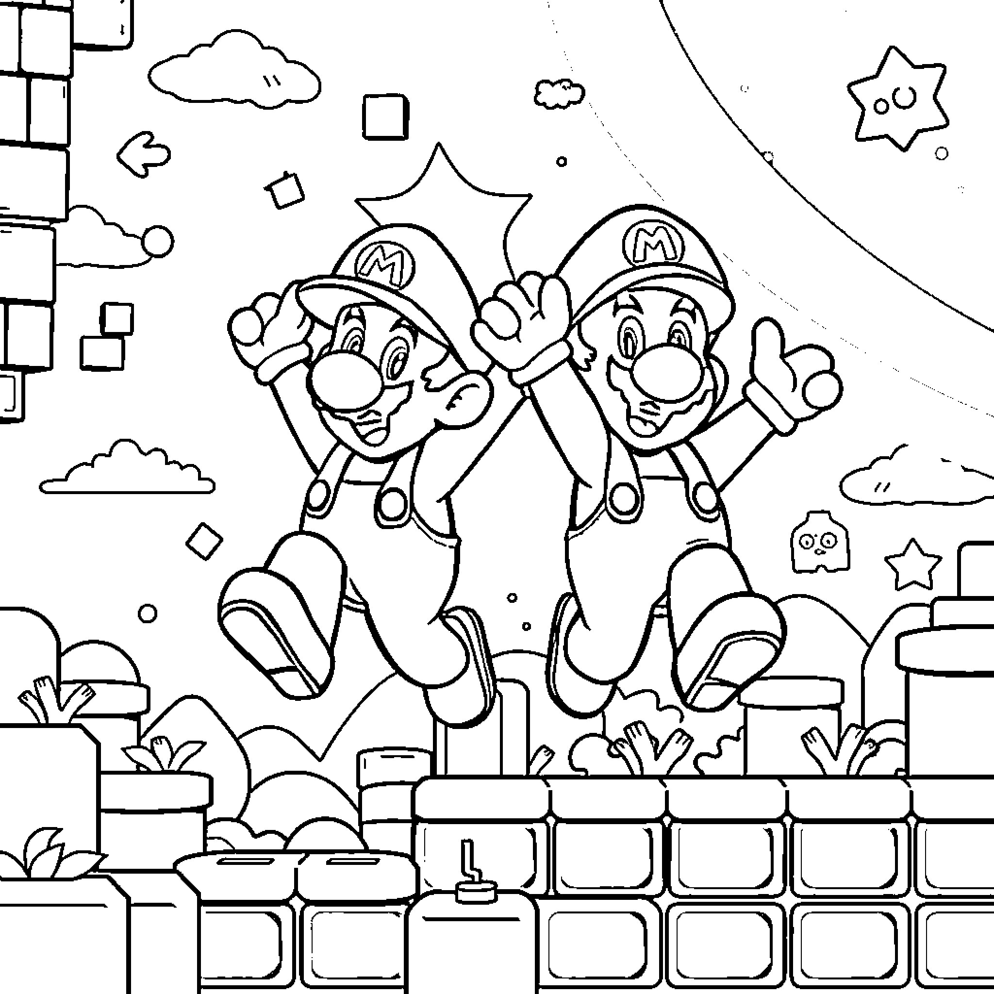Mario brothers jumping with joy in a game scene Coloring Page (free black-and-white line drawing printable PDF for all, from beginners to advanced learners, including children, teens, adults, and seniors)