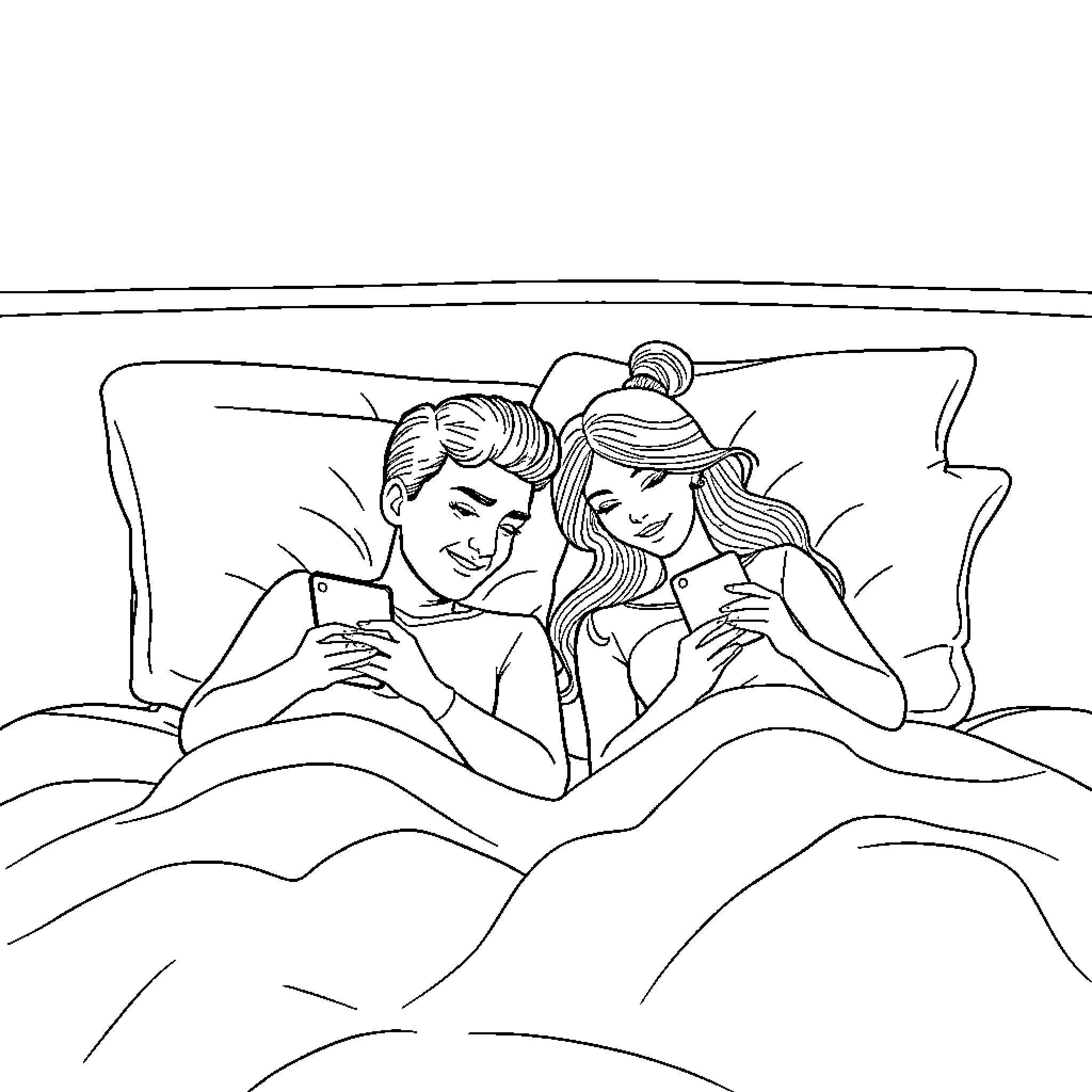 Couple relaxing together on the bed Coloring Page (free black-and-white line drawing printable PDF for all, from beginners to advanced learners, including children, teens, adults, and seniors)