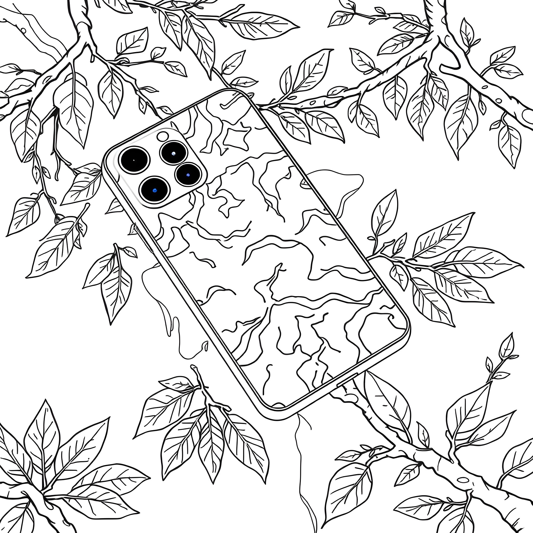 iPhone in a Leafy Wonderland Coloring Page (free black-and-white line drawing printable PDF for all, from beginners to advanced learners, including children, teens, adults, and seniors)