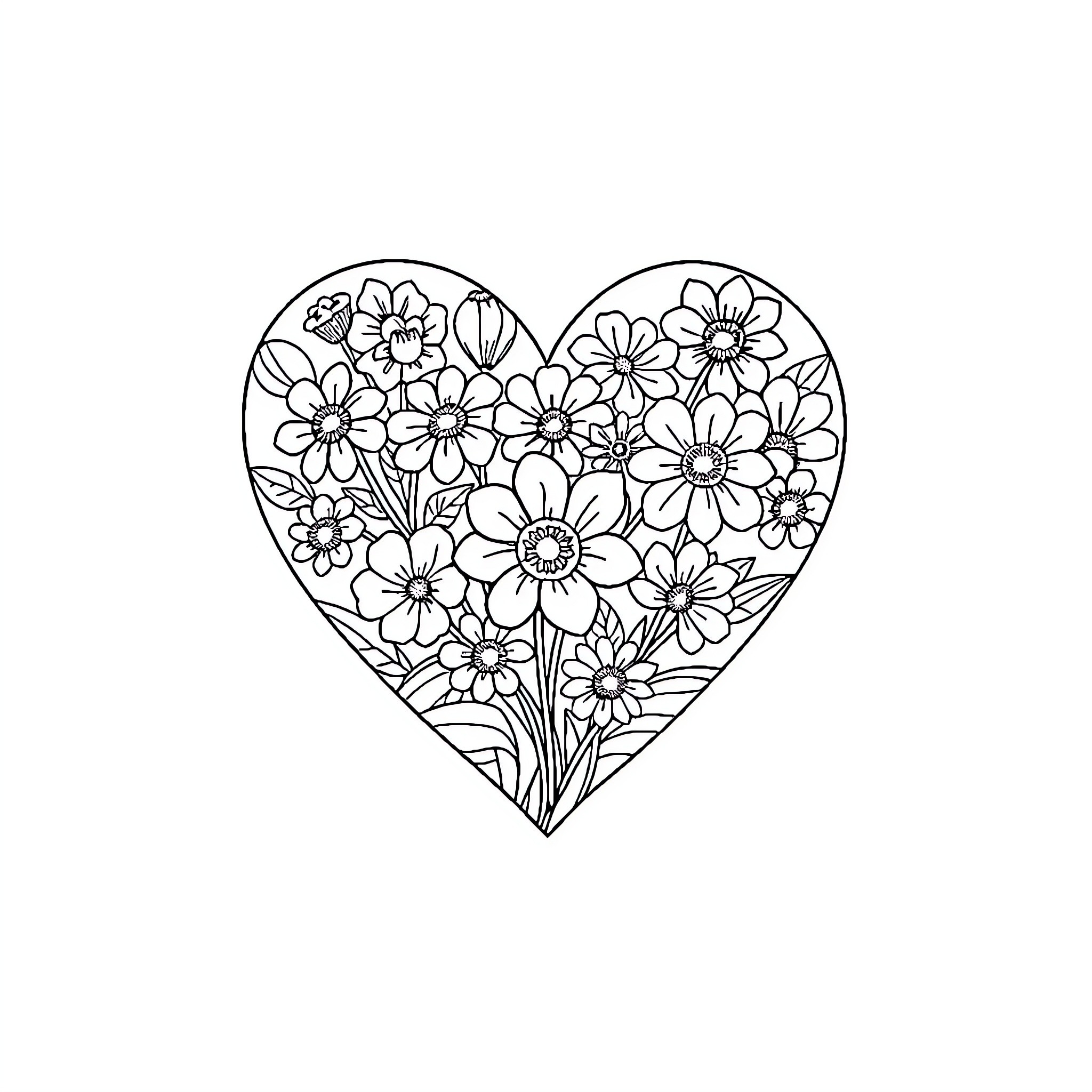 Heart Filled with Blooming Flowers Coloring Page (free black-and-white line drawing printable PDF for all, from beginners to advanced learners, including children, teens, adults, and seniors)
