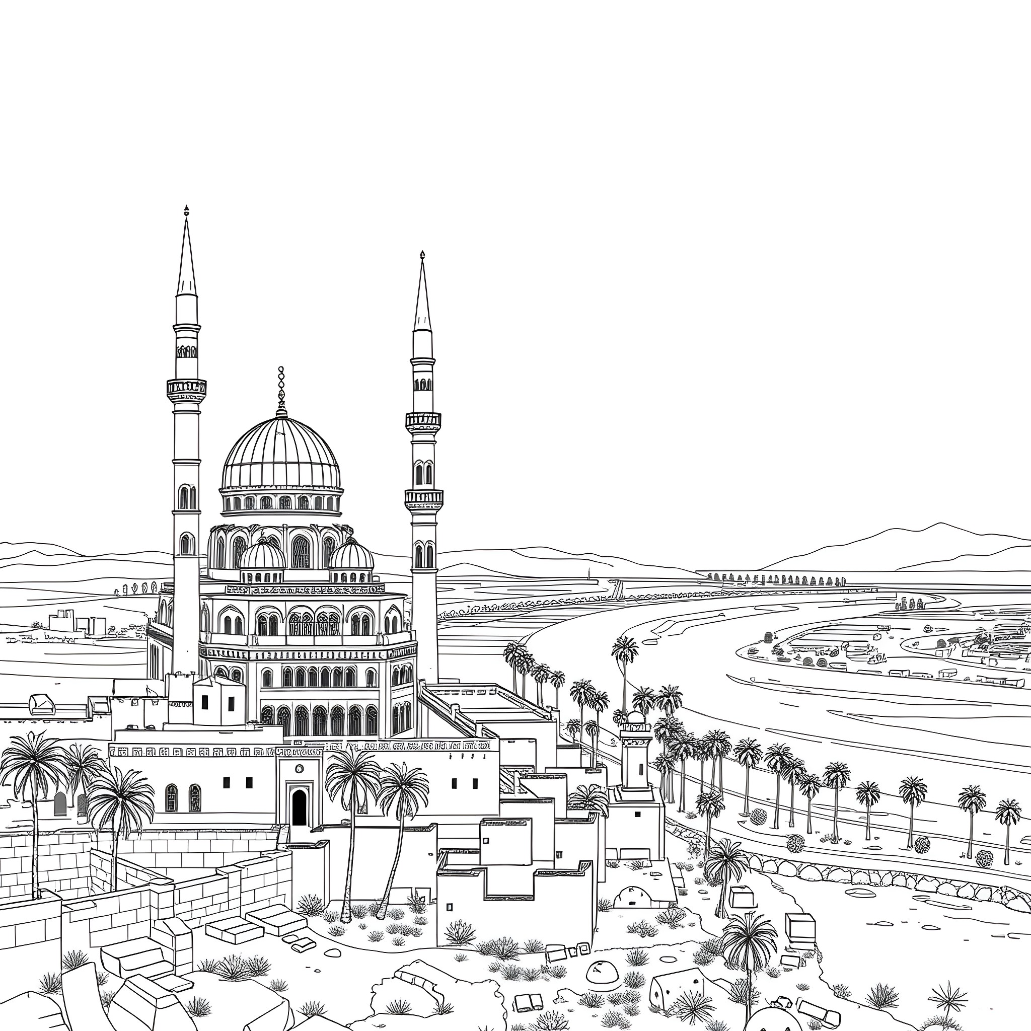 Samarra's Architectural Landscape Coloring Page (free black-and-white line drawing printable PDF for all, from beginners to advanced learners, including children, teens, adults, and seniors)